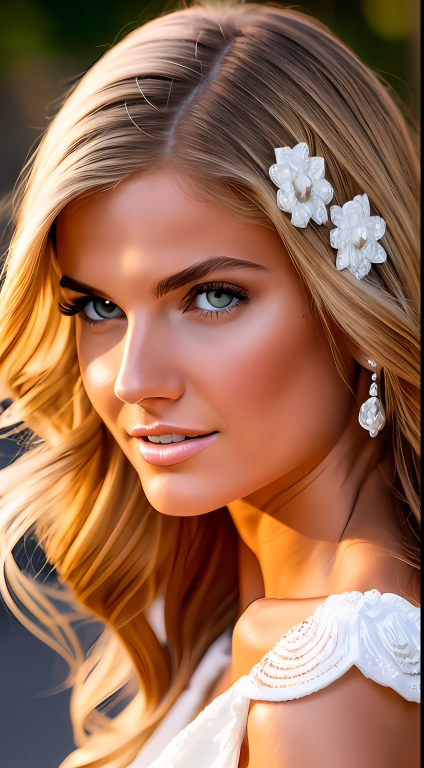 European and American women, A fashion model, wears a white dress, Glamour, paparazzi taking pictures of her, Blonde hair, Brown eyes, 8K, High quality, Masterpiece, Best quality, HD, Extremely detailed, voluminetric lighting, Photorealistic