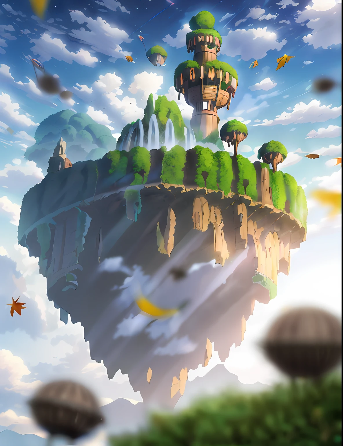 sky castles,Floating islands, waterfallr, Romantic,Foggy, Depth of field, the detail,Reflective, ventania, scenery, Leaves, k hd,tmasterpiece,