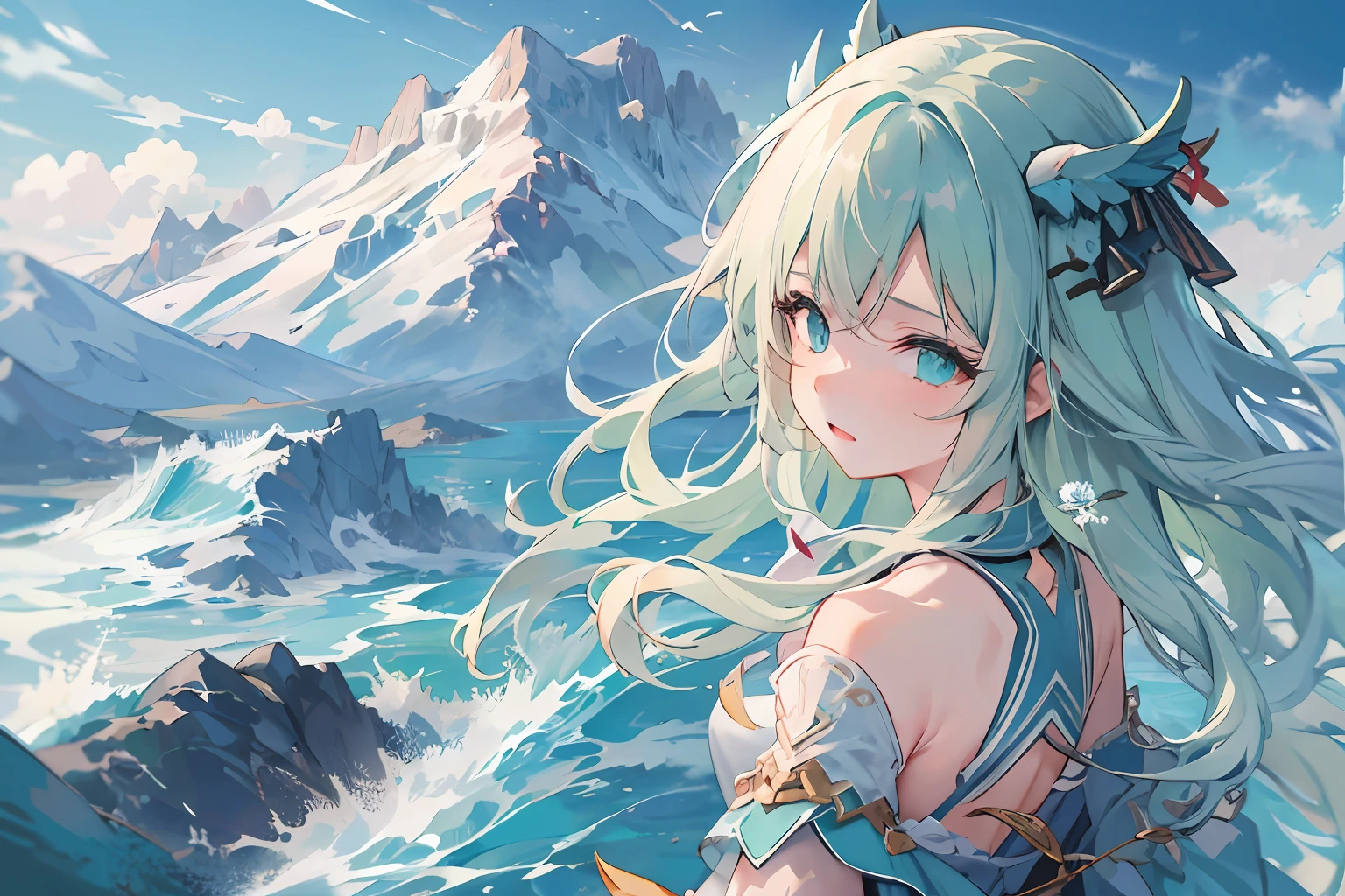 one-girl, Green dress, A half body, Long light green hair, Delicate facial features, Green eyes, Bow hair ornament, beautiful mountains, vast horizon, hilltop, Rushing rivers, Wide sky, White clouds, Majestic expression, Gradient hair, Gradient hair, aqua eyes, reflective light, color difference, anaglyph, 8K, ccurate, Masterpiece, Super detail, High details, Best quality
