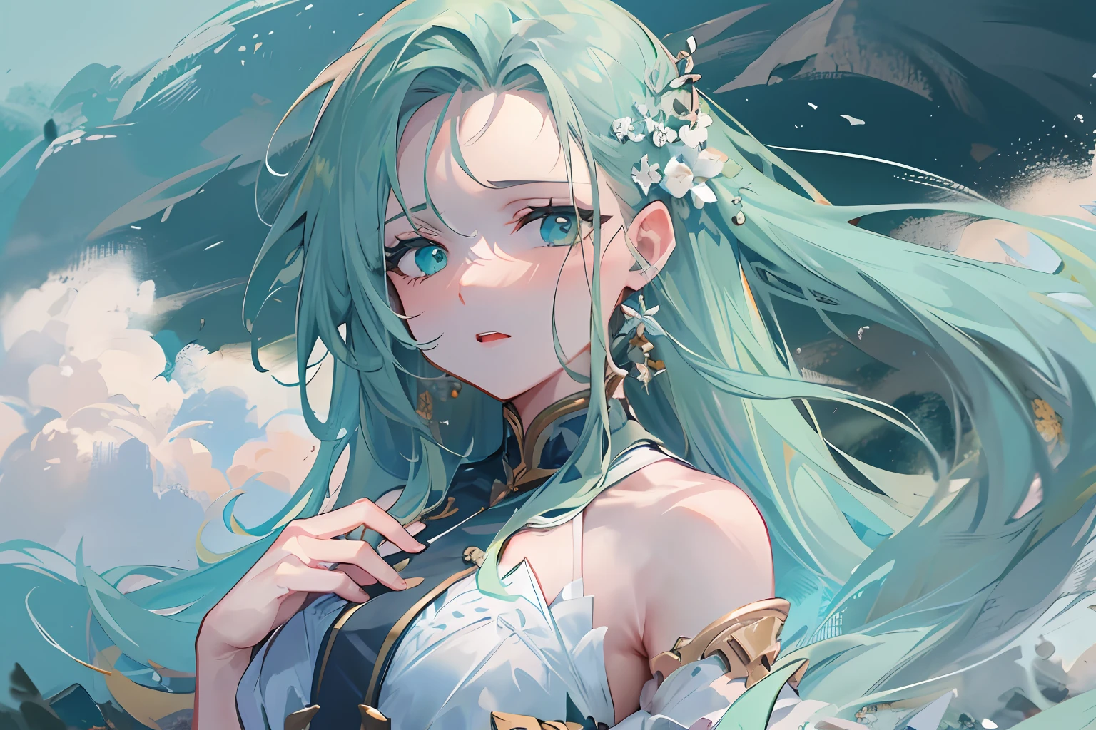 one-girl, Green dress, A half body, Long light green hair, Delicate facial features, Green eyes, Bow hair ornament, beautiful mountains, vast horizon, hilltop, Rushing rivers, Wide sky, White clouds, Majestic expression, Gradient hair, Gradient hair, aqua eyes, reflective light, color difference, anaglyph, 8K, ccurate, Masterpiece, Super detail, High details, Best quality