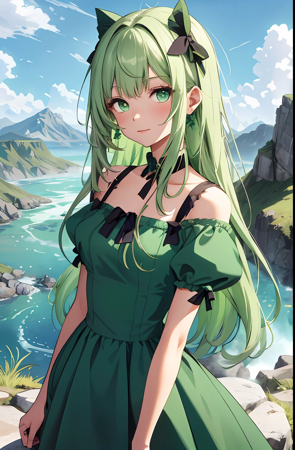 one-girl, Green dress, A half body, Long light green hair, Delicate facial features, Green eyes, Bow hair ornament, beautiful mountains, vast horizon, hilltop, Rushing rivers, Wide sky, White clouds, Majestic expression, Gradient hair, Gradient hair, aqua eyes, reflective light, color difference, anaglyph, 8K, ccurate, Masterpiece, Super detail, High details, Best quality