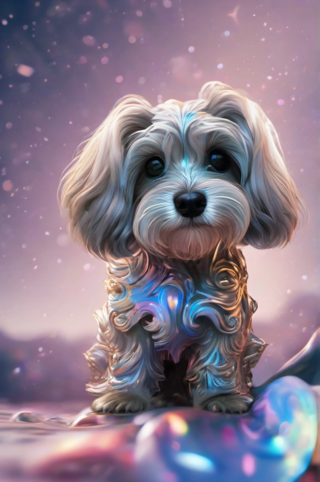 Adorable little gray havanese, Art by Alberto Seveso, H.R.Giger, WLOP, Artgerm, abstract art style, intricate intricate watercolor painting, sharp eyes, digital painting, color explosion, concept art, volumetric lighting, metallic reflections, glitter swirls, deco gloss, dripping liquid stars and galaxies, 3d render, 8k. Milky Way Galaxy, trending on artstation, perfect composition, beautiful detailed intricate insanely detailed octane render trending on artstation, 8 k artistic photography, photorealistic concept art, soft natural volumetric cinematic perfect light, chiaroscuro, award - winning photograph, masterpiece, oil on canvas, raphael, caravaggio, greg rutkowski, beeple, beksinski, giger, sticker, 2d cute, fantasy, dreamy, vector illustration, 2d flat, centered, by Tim Burton, professional, sleek, modern, minimalist, graphic, line art, vector graphics