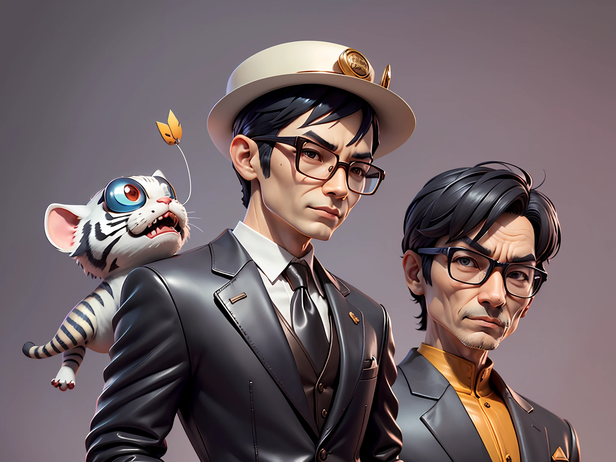 Young man with oriental face in leather hat, tiger, oriental face in formal suit, short black hair, silver glasses, digital painting, 3D character design by Mark Clairedon and Pixar and Hayao Miyazaki and Akira Toriyama, the illustration is a high-definition illustration in 4K resolution with very detailed facial features and cartoon-style visuals.