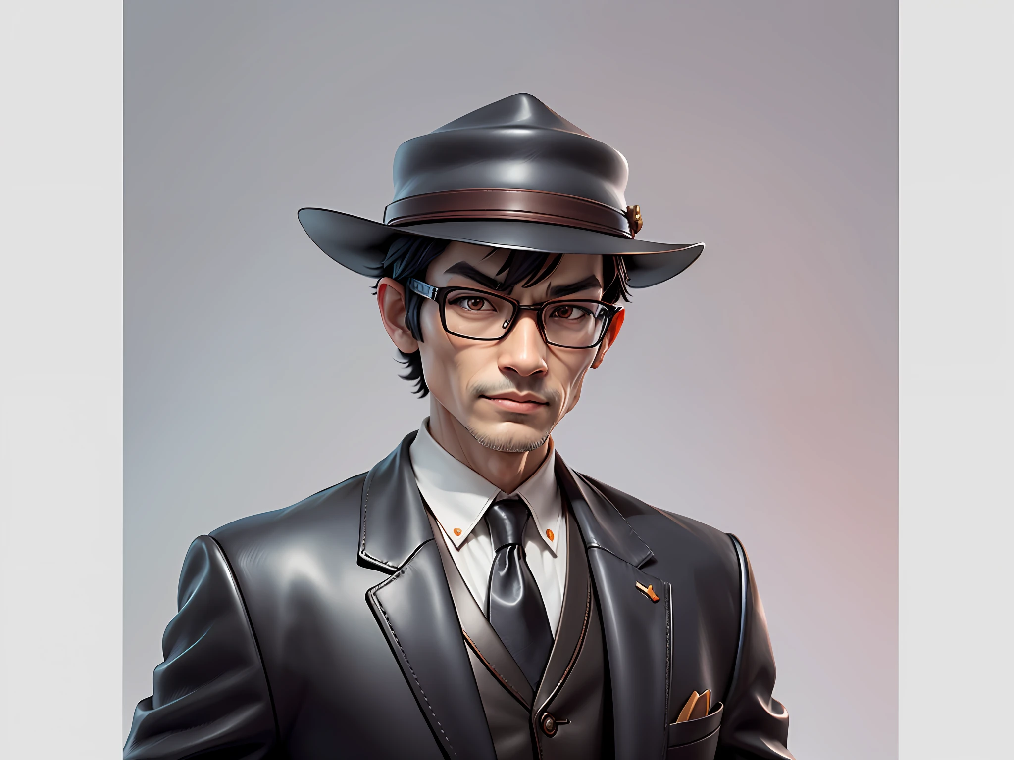 Young man with oriental face in leather hat, tiger, oriental face in formal suit, short black hair, silver glasses, digital painting, 3D character design by Mark Clairedon and Pixar and Hayao Miyazaki and Akira Toriyama, the illustration is a high-definition illustration in 4K resolution with very detailed facial features and cartoon-style visuals.