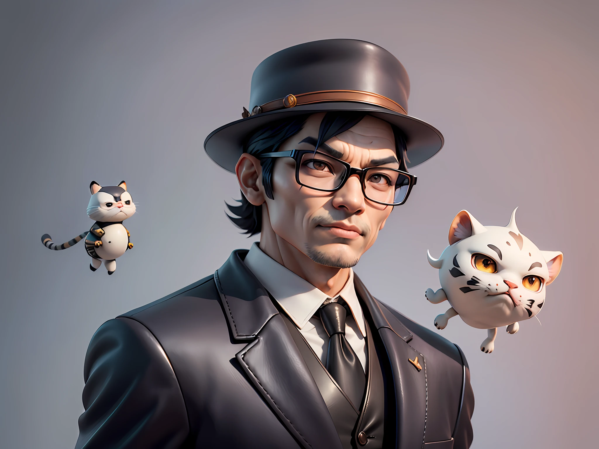 Young man with oriental face in leather hat, tiger, oriental face in formal suit, short black hair, silver glasses, digital painting, 3D character design by Mark Clairedon and Pixar and Hayao Miyazaki and Akira Toriyama, the illustration is a high-definition illustration in 4K resolution with very detailed facial features and cartoon-style visuals.