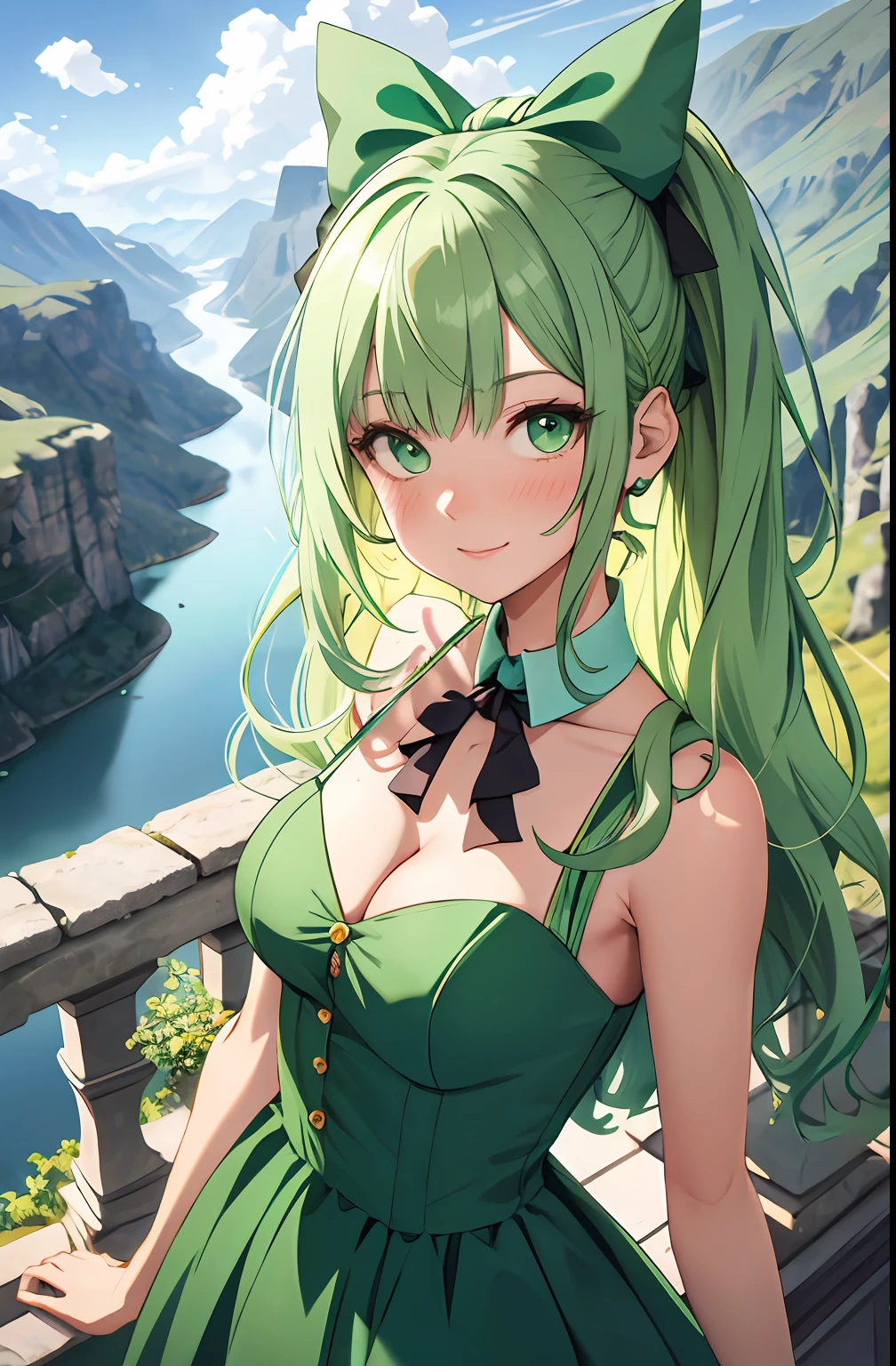 one-girl, Green dress, A half body, Long light green hair, Delicate facial features, Green eyes, Bow hair ornament, Beautiful mountains, Vast horizon, hilltop, Rushing river, Wide sky, White clouds, Majestic expression, gradient hair, gradient hair, aqua eyes, reflection light, chromatic aberration, anaglyph, 8k, ccurate, masterpiece, super detail, high details, best quality