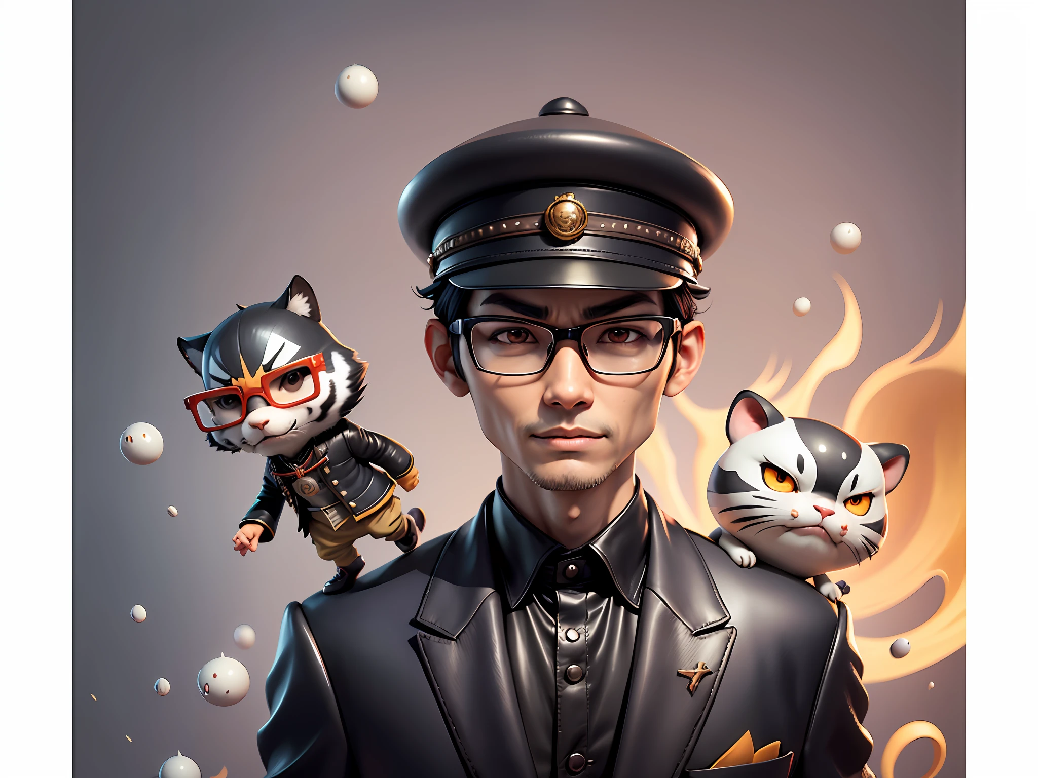 Young man with oriental face in leather hat, tiger, oriental face in formal suit, short black hair, silver glasses, digital painting, 3D character design by Mark Clairedon and Pixar and Hayao Miyazaki and Akira Toriyama, the illustration is a high-definition illustration in 4K resolution with very detailed facial features and cartoon-style visuals.