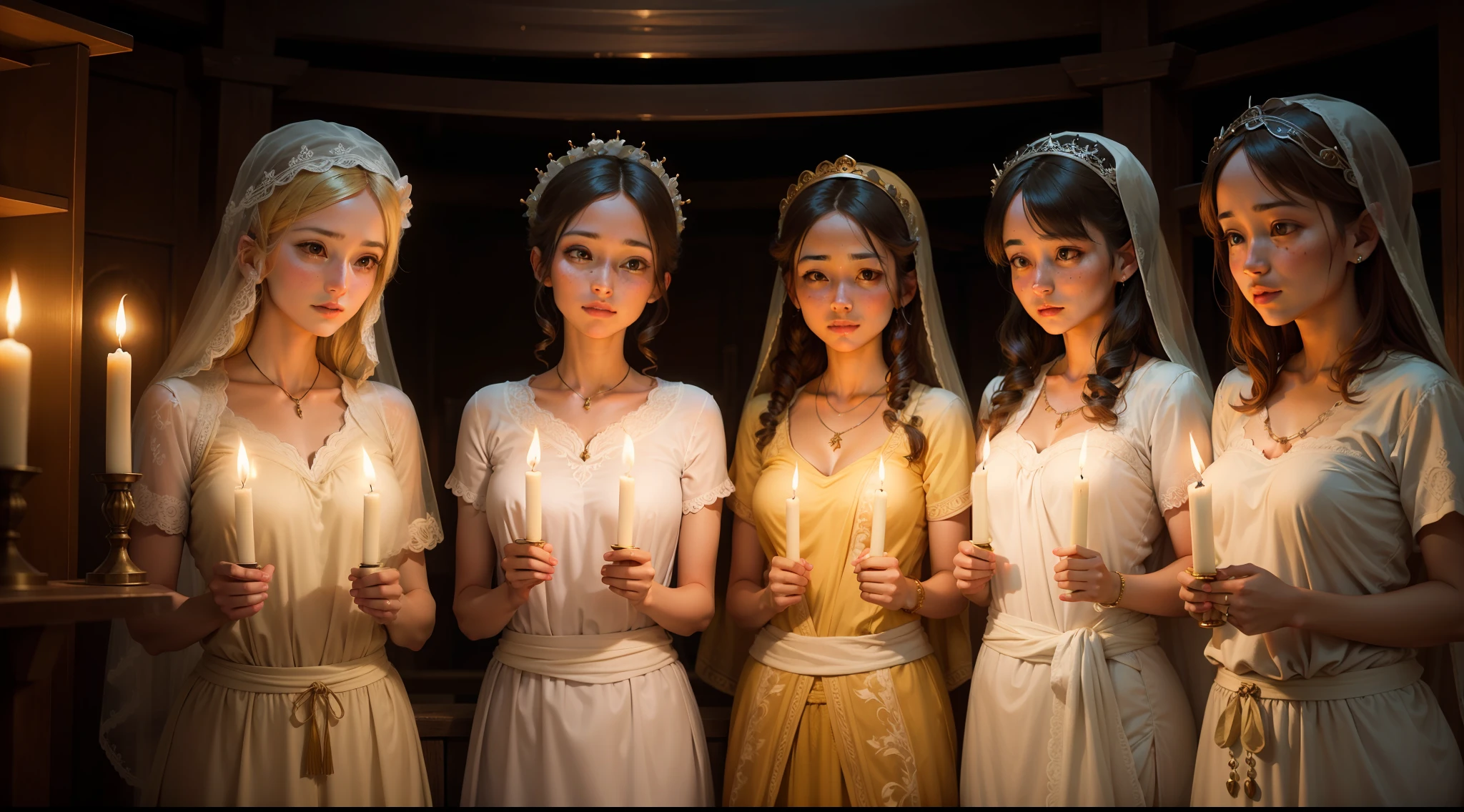 Ten virgins holding oil lamps, waiting for the bridegroom's arrival.