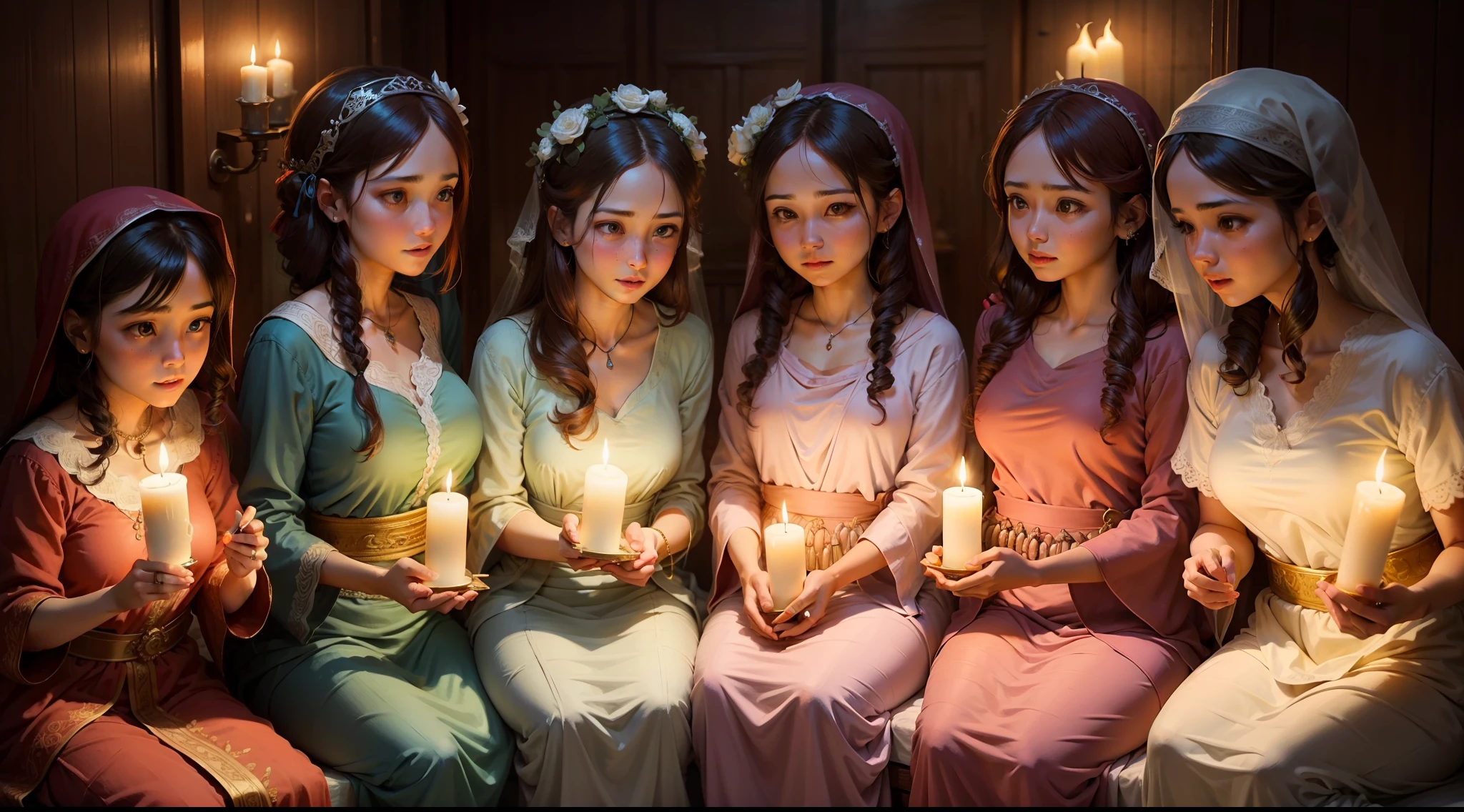 Ten virgins holding oil lamps, waiting for the bridegroom's arrival.