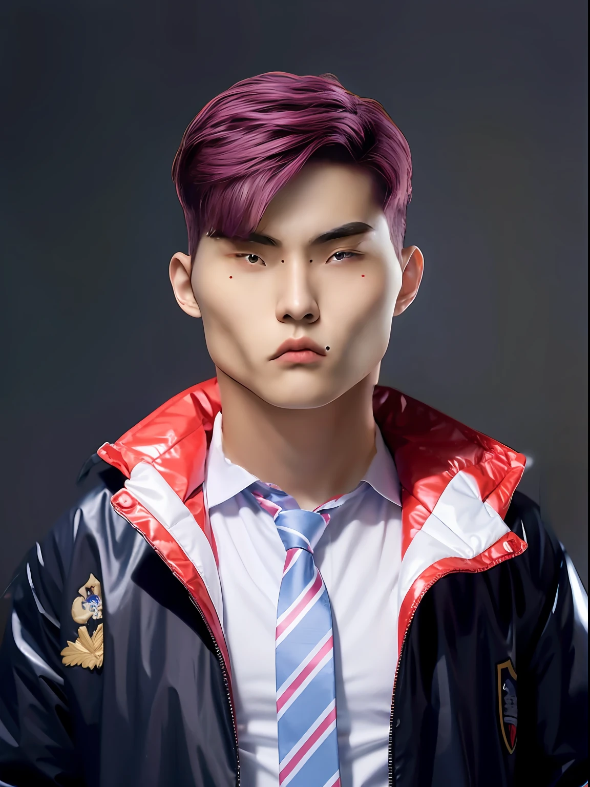 A Chinese male high school student，Wearing PVC Japanese high school winter uniform，Wear a tie