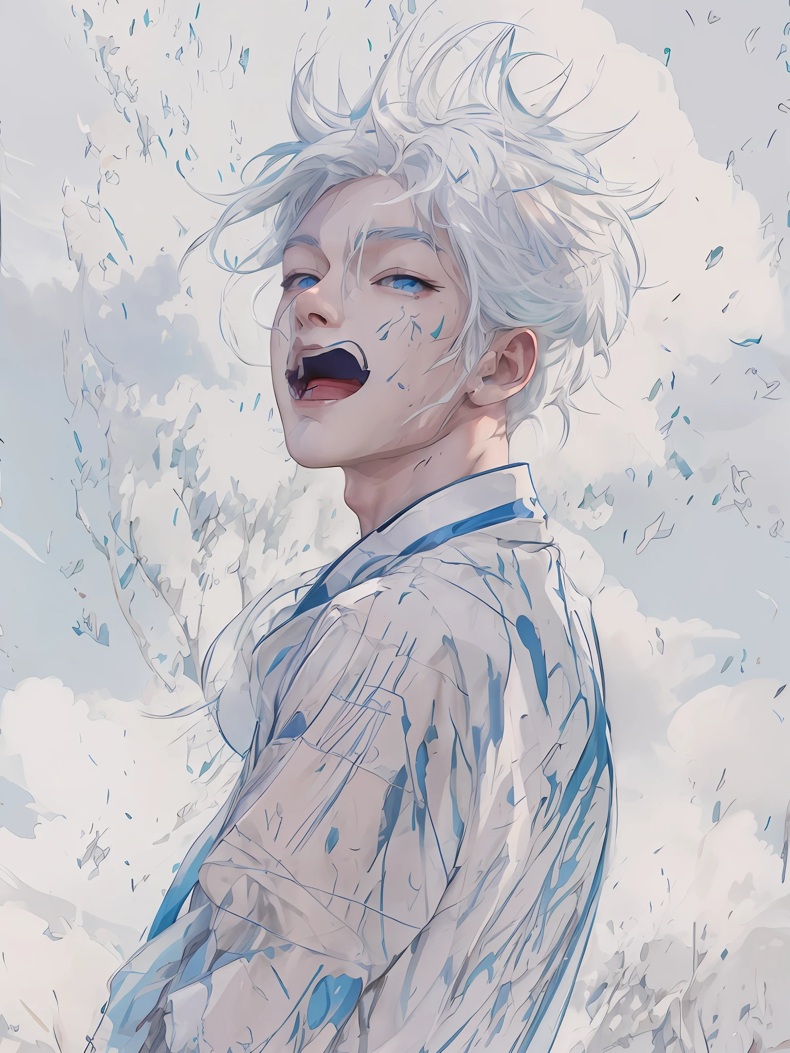 Anime boy with white hair and blue eyes standing in front of a tree, white hair floating in air, inspired by Yanjun Cheng, Guviz-style artwork, Guweiz in Pixiv ArtStation, White cloud hair, Guweiz on ArtStation Pixiv, highly detailed exquisite fanart, messy wavy white hair, white haired Cangcang, Detailed fanart