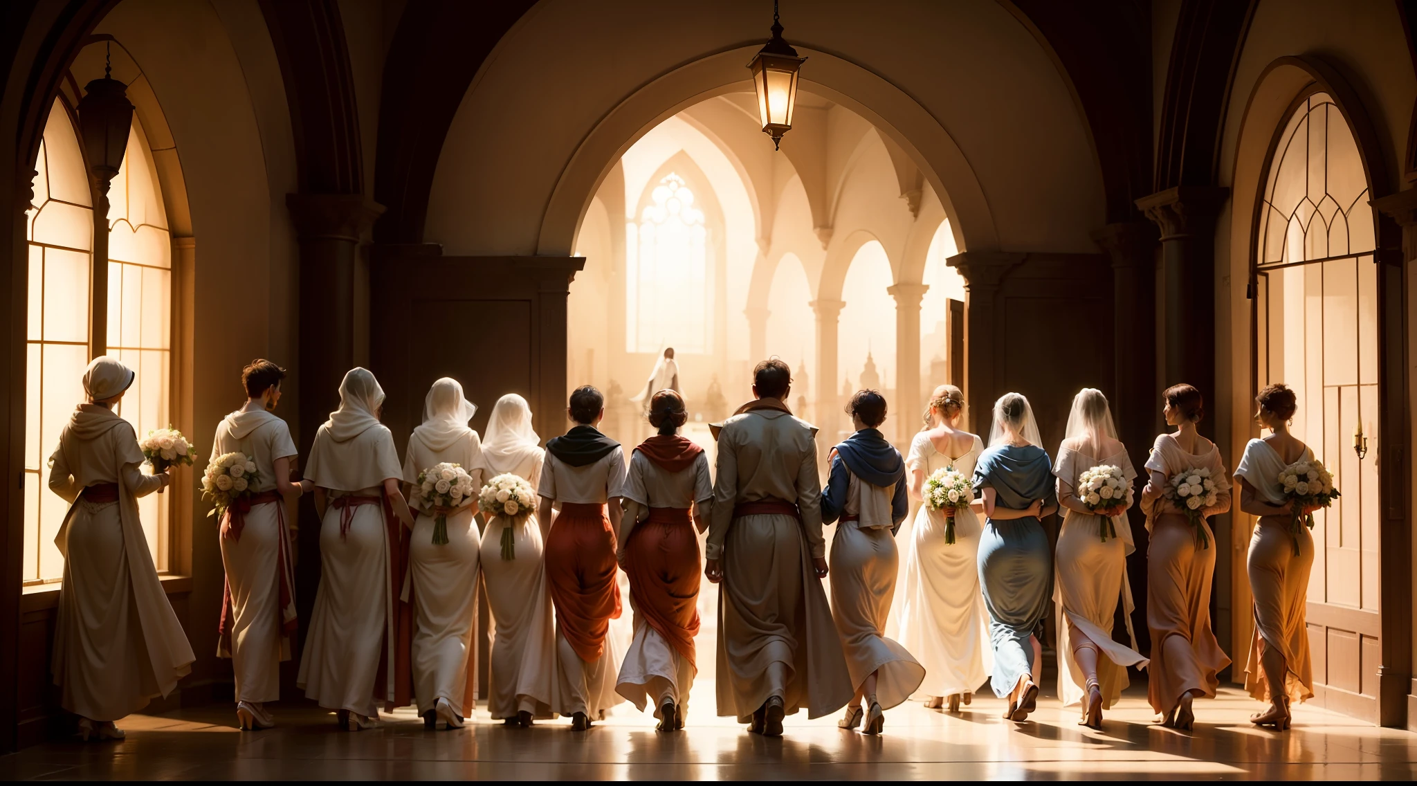 A scene of the ten virgins setting out to meet the bridegroom with their lamps.