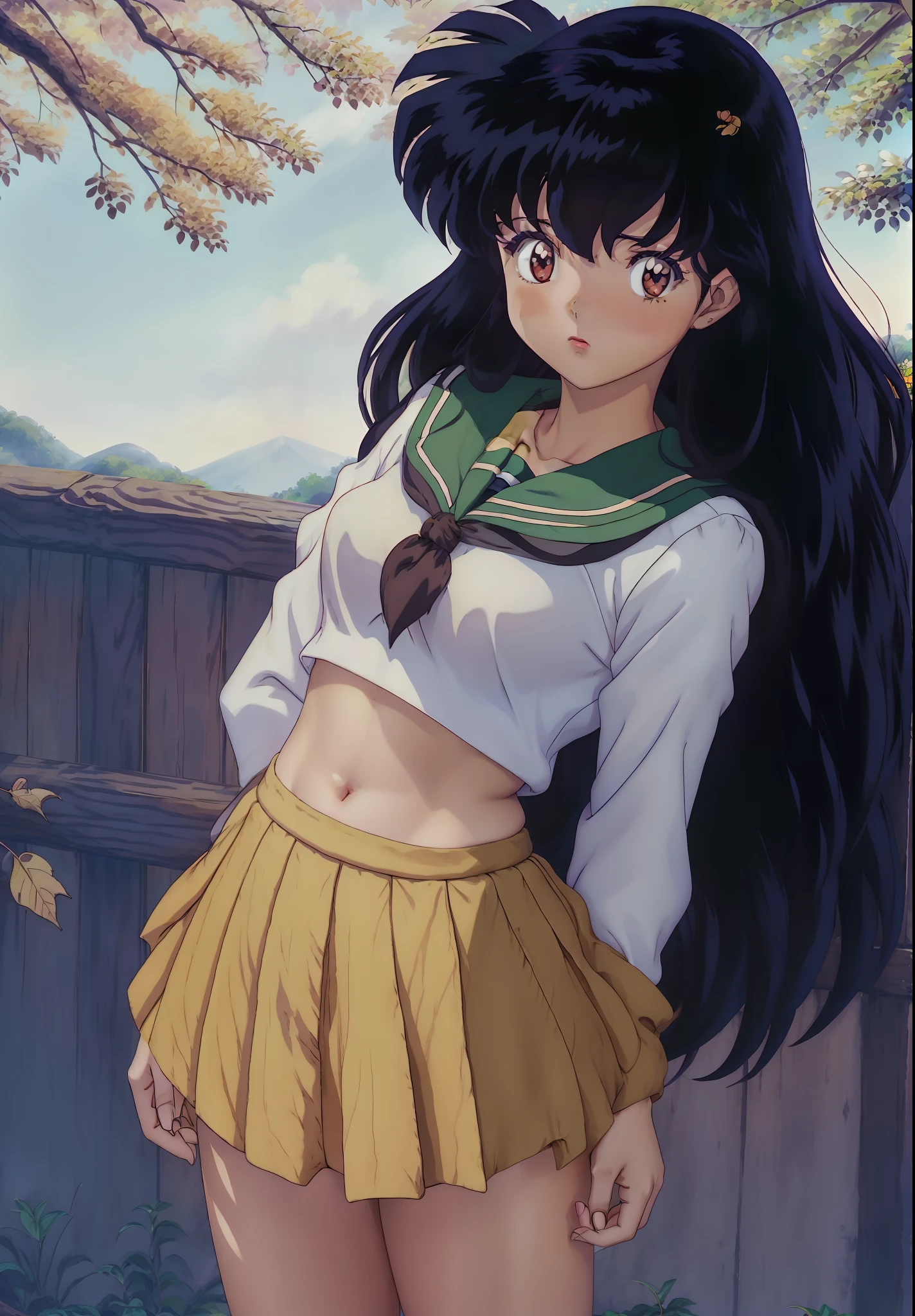 1girl, Kagome Higurashi, brown eyes, cuerpo completo, fotorrealista, (Hiperrealista:1.2), ojos perfectos, Cara perfecta, Perfect lighting, al aire libre, warm colours, bosque, Uniforme escolar, sonrojarse, Sosteniendo el arco, falling leaves, belly