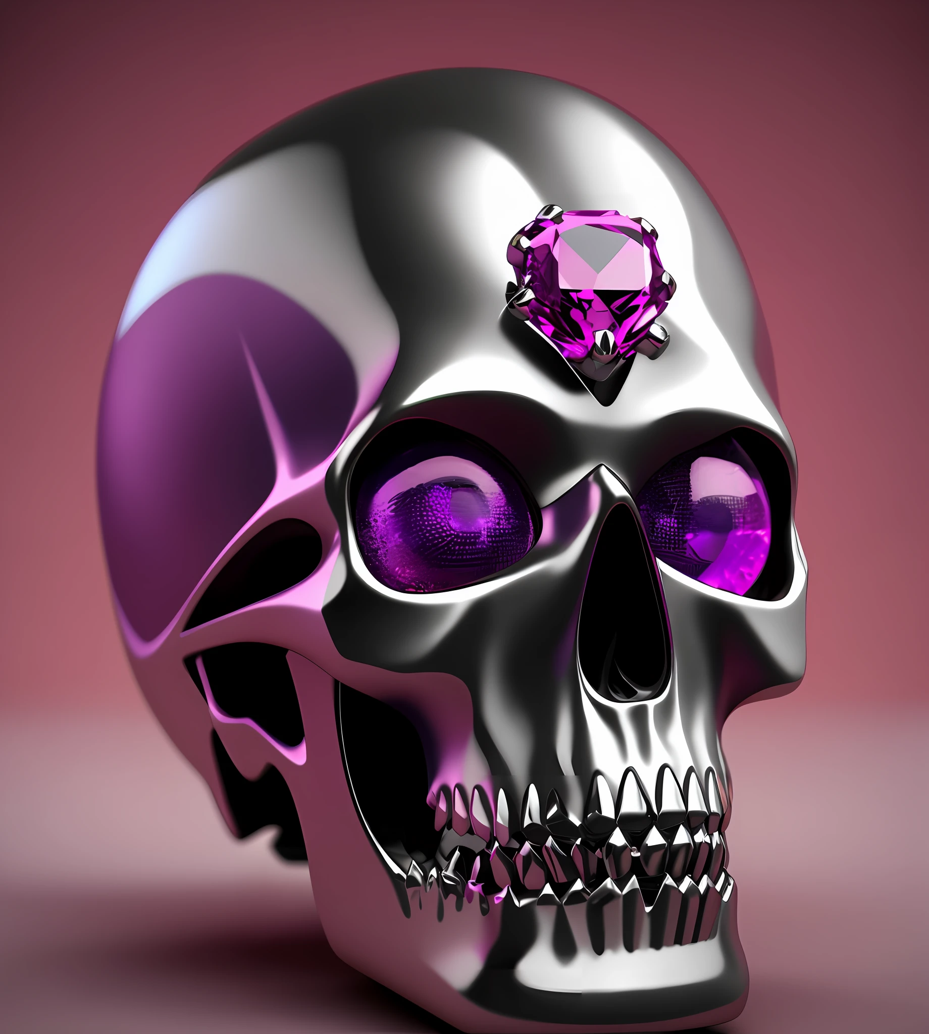 Polished silver skull with a beautiful pink diamond on top and eyes with cut purple stones,dentes majestosamente desenhado, imagem utra realista, detalhes intrincados, arte conceitual, master part, renderizado em cinema 4 d, renderizado em cinema4d, precious metal skull, renderizado em cinema 4 d octane, renderizado em keyshot, piece of jewelry, obra-prima, detalhes intrincados, 3d renderizado em octanagem, 3 d renderizado em octanagem, renderizado em octane render 32k, Renderizado em Octane 3D, rendering of conceptual and also digital art