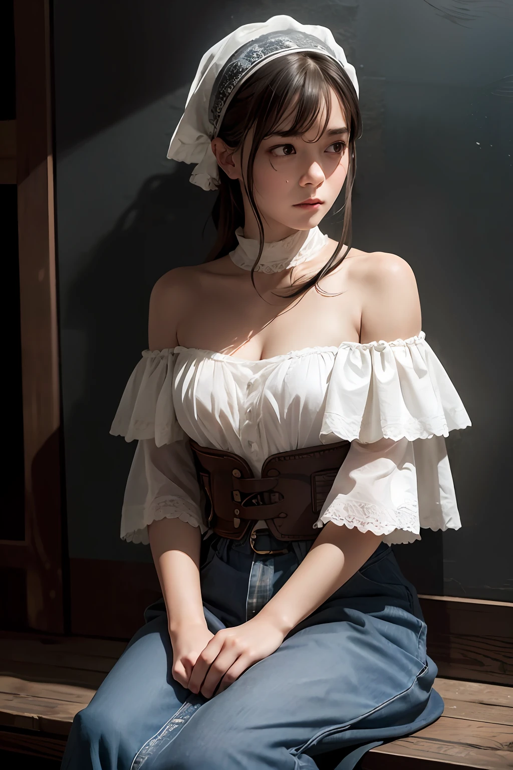 Best quality, masterpiece, ultra high res, (photorealistic:1.4), raw photo, (Authentic skin texture:1.3), (film grain:1.3), panorama, character portrait, very wide shot, narrow waist, cowboy shot, (in the dark, deep shadow, low key, cold light,) night, close-up, streaming tears,
indoor, dust, Tyndall effect, sad, disappointed, gloom (expression), sitting, (against wall), crying, frown, (head bowed), nervous, tearing up, lonely,
1girl, beautiful detailed eyes and face, white jabot, off shoulder, brown eyes,