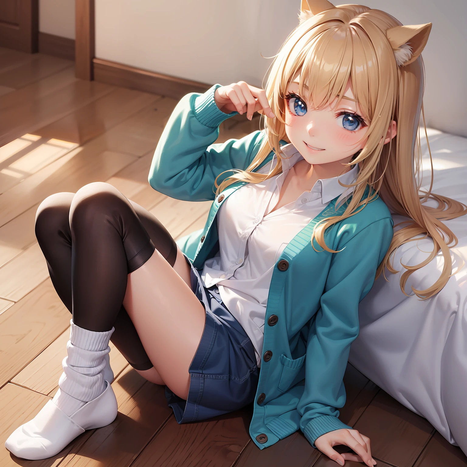 校服　cardigan　blazers　Loose Socks　１５Year old girl　a smile　beautiful a girl　a beauty girl　top-quality　​masterpiece　超A high resolution　Long　Blue-haired　a blond