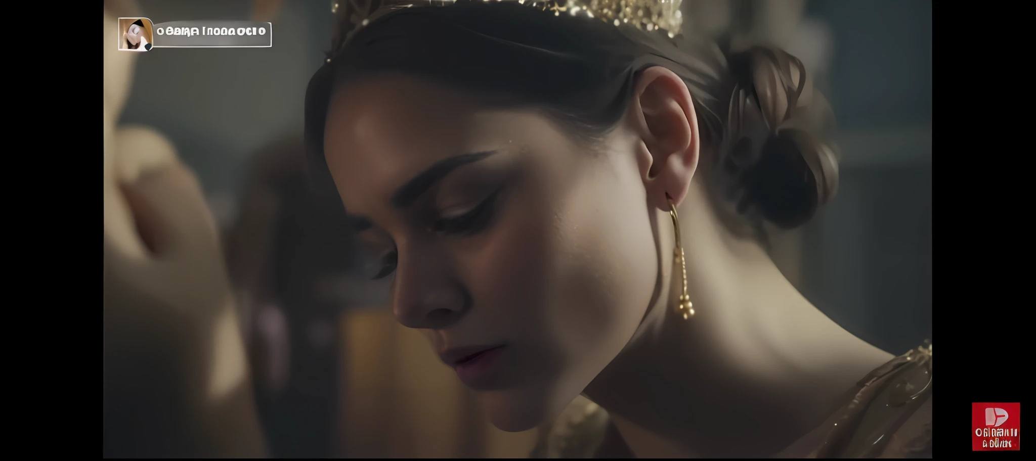 Uma mulher em uma tiara olha para o telefone, Chorando Rainha das Penas, Antiga Rainha Emma Watson, Emma Watson como Joana D'Arc, captura de tela de um filme, com uma coroa de ouro, A Coroa, em uma coroa, coroa, Filmado do filme de Danis Villeneuve, Retrato de Emily Blunt como rainha, Annasophia Robb como Joana D'Arc
