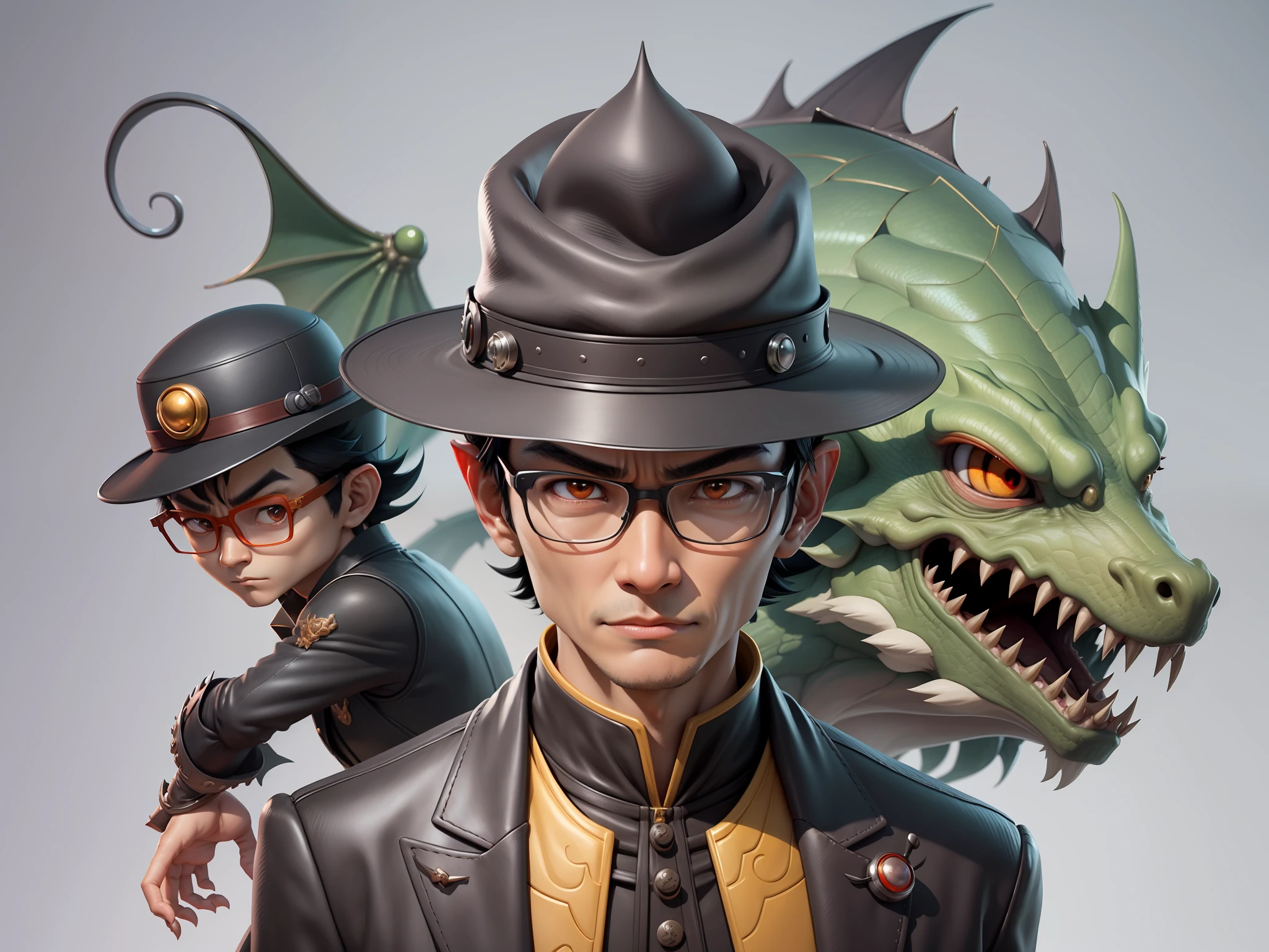 Young man with oriental face in leather hat, dragon, formal suit, short black hair, silver glasses, digital painting, 3D character design by Mark Clairedon and Pixar and Hayao Miyazaki and Akira Toriyama, the illustration is a high-definition illustration in 4K resolution with very detailed facial features and cartoon-style visuals.