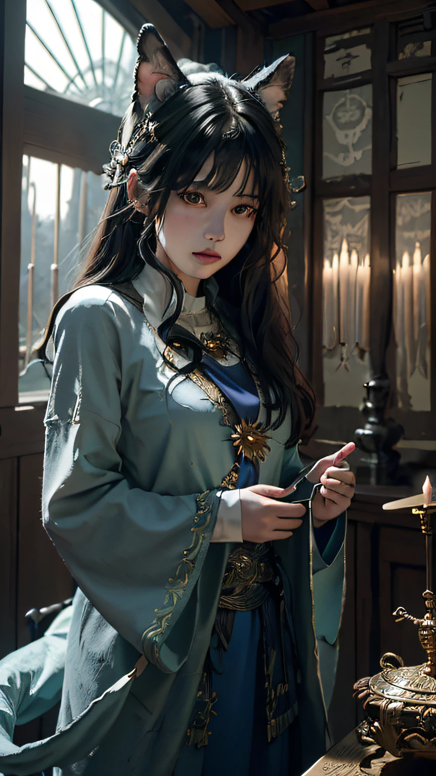 (1girl:1.3),solo,__body-parts__,
official art, unity 8k wallpaper, ultra detailed, beautiful and aesthetic, beautiful, masterpiece, best quality,Fantastical Atmosphere, Calming Palette, Tranquil Mood, Soft Shading,
Miko priestess, charm spell, talisman familiar, shrine maiden duties,