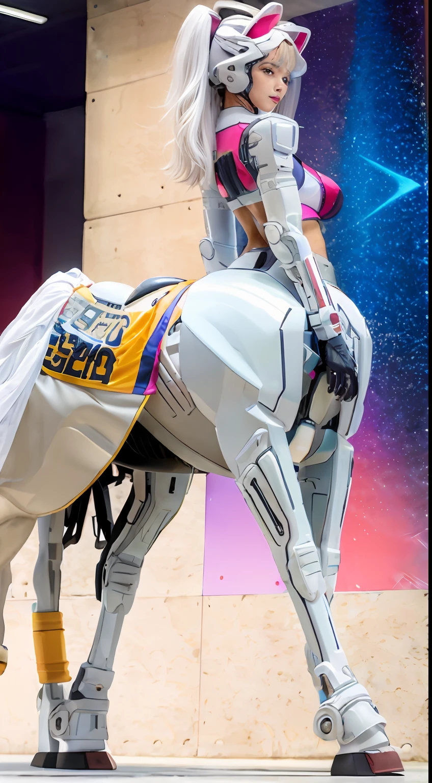 A female centaur,She is famous in the multiverse,She is both a female centaur, half human, half horse, half horse,It is also a female Yingzhao。She blends both images,The first is the head of a horse/neck/Shoulder these parts,After feminization,The upper body transforms into a beautiful female human,Female, half-centaur, half-human, half-horse, half-human,The second is the waist of the horse/hason/gluteal/Legs feminine,Female half-horse with beautiful woman's,Chimer,It's like a female human wearing a half-horse-like costume and making a seamless chimera,This chimerization is based on powerful futuristic technology。The ultra-wide-angle lens captures the image of her sleek and ethereal wings charging and leaping on the ionosphere。Her front half is distinctly feminine,Tall sexy body,Has K cup teardrop-shaped giant tit chest,It has a small man's waist butterfly spanning long legs,The half-horse part of the hind body,Embedded interface in the front half of the body hip position。The horse-shaped, half-horse torso form of her back body is completely female and humanized。A sexy bent dog-style shaped ribcage embedded in the lower back position of the beautiful woman's body from the upper end of the sternum/lower back/Ventral transverse。Then there are the sexy beauty's upright hips,Her entire body has been completely feminized,Including the half-horse part。Mechanized armor covers the legs with knee-shaped anti-joints and feet,And these parts are highly anthropomorphic,This makes her legs graceful and slender,Her four horse legs exploded in length proportions and was slender and toned,Under the legs are skinny white feet dressed in Skyscraper Heels,Use Midjourney's advanced stroke tools and color palettes, as well as texture packs, model packs, and texture tools,Concentration,Femaleize all parts of her original equine physiologic appearance,And give these parts an ergonomic appearance,Fine treatment of the thoracic and abdominal cavity of the posterior body,As well as hips and