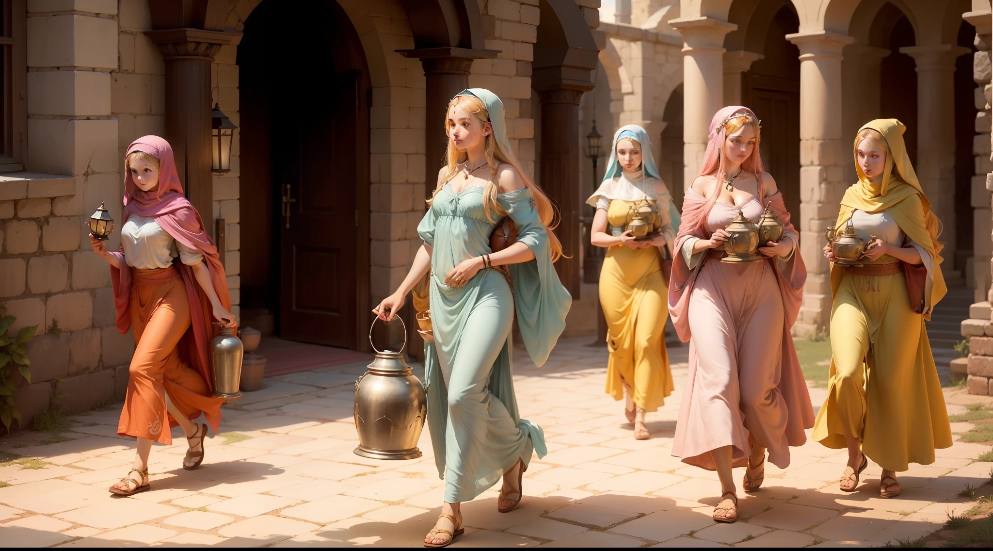 An image of the five wise virgins carrying extra oil for their lamps.
