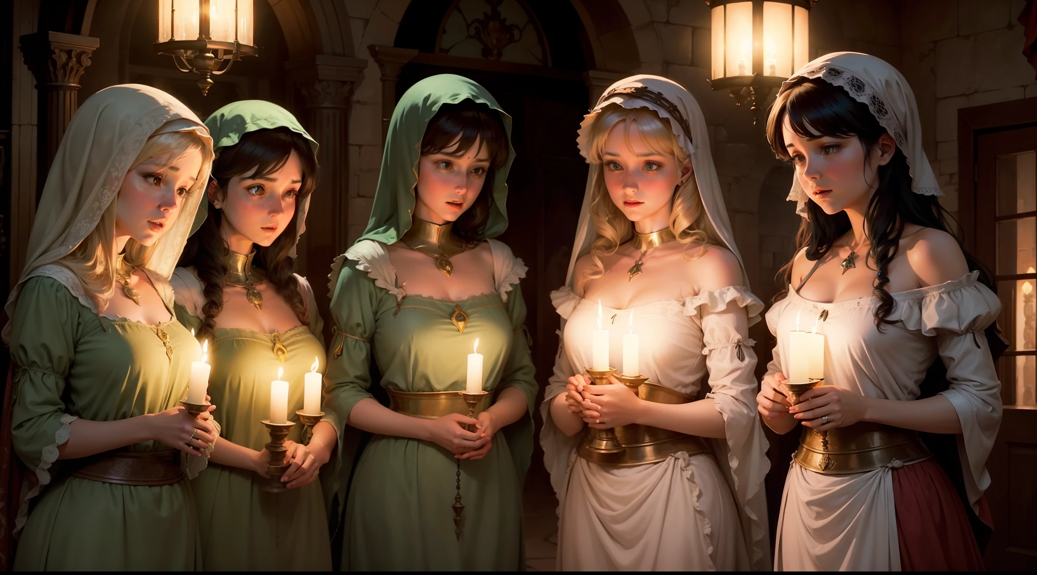The five foolish virgins realizing their lamps are running out of oil.