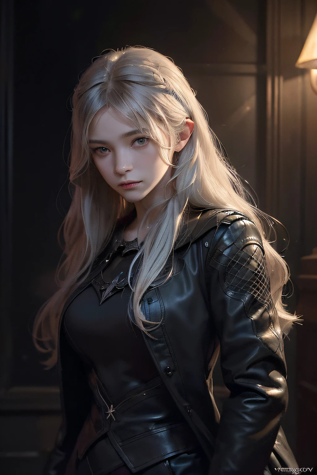 (in the dark:1.6), Hyperrealist portrait of female by david hockney and alphonse mucha,fantasy art, photo realistic, dynamic lighting, artstation, poster, volumetric lighting, very detailed faces, 4 k, award winning,, 1girl, in the dark, deep shadow, low key,cowboy shot,(official clothing:1.4) ,long hair,white hair,