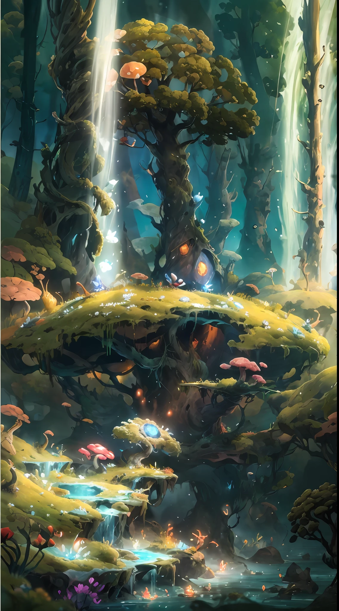 by Pino Daeni, by Ruan Jia, by Alayna Lemmer, by Carlo Galli Bibiena, spiritual tree, twilight ray, golden light, starry, forest with water and rock and bright mushroom, (Ori and the Blind Forest), (Ori and the Will of the Wisps), 2D game, digital art, realistic proportions, sharp focus, (HDR), (8k), (gigapixel), ((masterpiece))