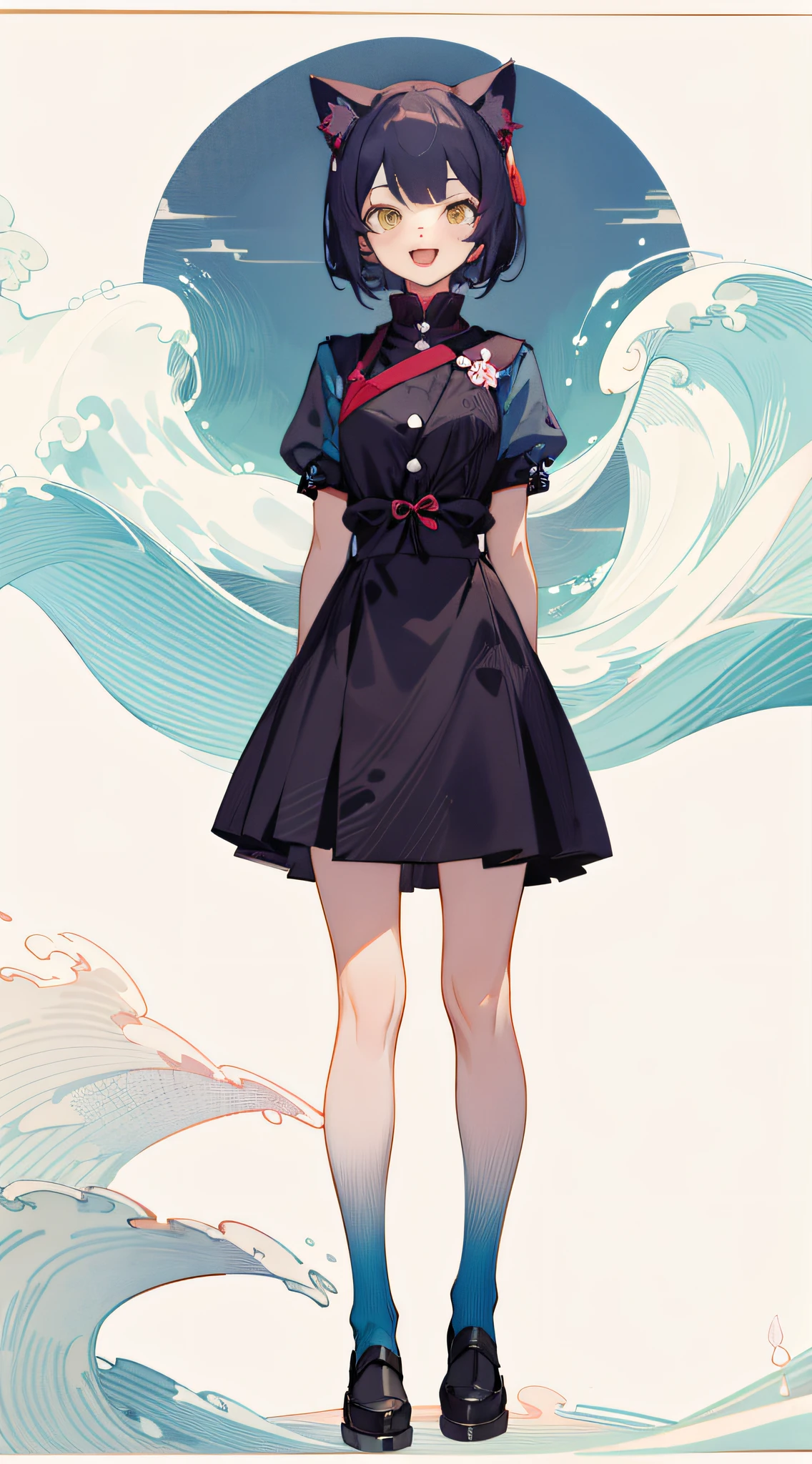 full body, upright, arms at sides, looking at viewer, pure-colored background, 1girl, open mouth, cat ears, smile, in "Hokusai Wave" style