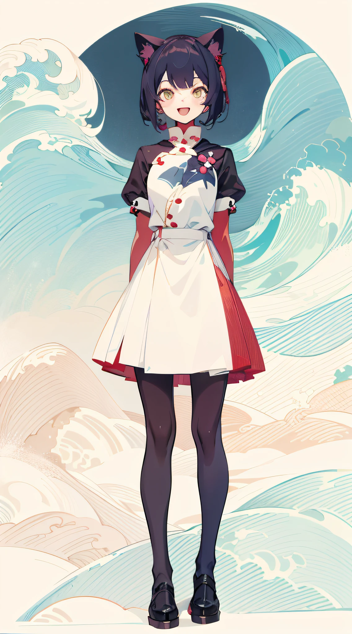 full body, upright, arms at sides, looking at viewer, pure-colored background, 1girl, open mouth, cat ears, smile, in "Hokusai Wave" style