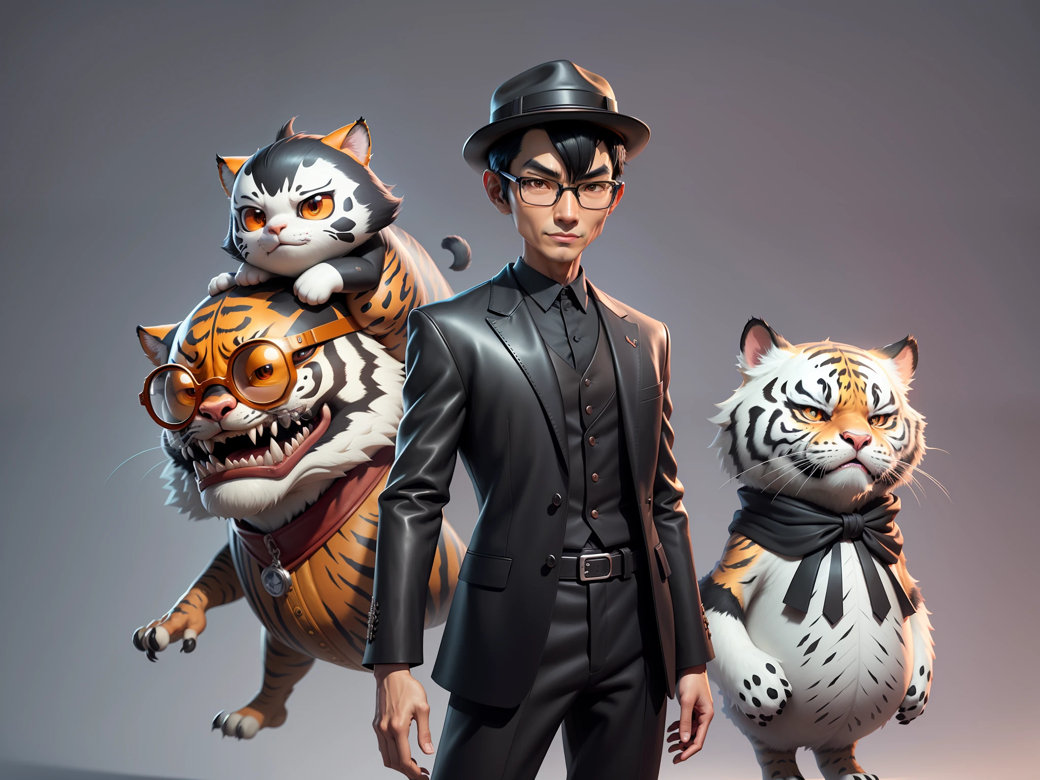 Young man with oriental face in leather hat, tiger, oriental face in formal suit, short black hair, silver glasses, digital painting, 3D character design by Mark Clairedon and Pixar and Hayao Miyazaki and Akira Toriyama, the illustration is a high-definition illustration in 4K resolution with very detailed facial features and cartoon-style visuals.