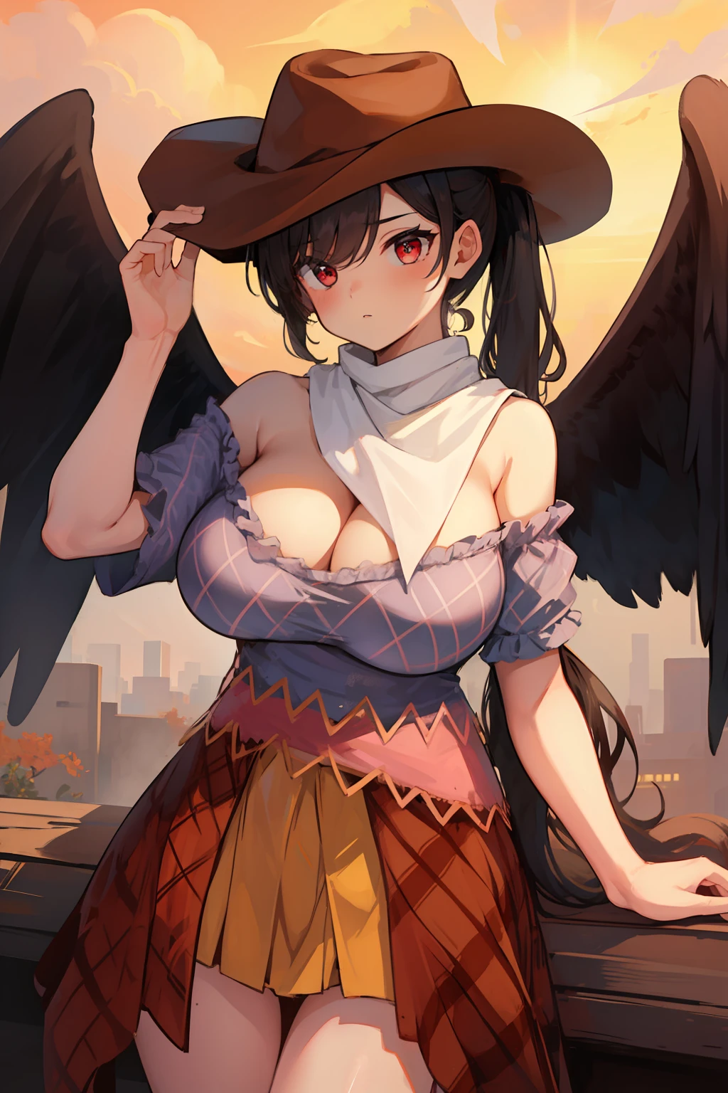 (masterpiece),best quality, expressive eyes, perfect face, 1girl,
big breast, H-cup, good breast, beautiful, gorgeous ,large breast, laying down breast facing ground,Saki Kurokoma,
red eyes,
black hair,
short hair,
long ponytail,
black wings,
black horse tail,
brown cowboy hat,
brown boots,
light blue plaid shirt,
light pink shirt,
brown plaid skirt,
light orange skirt,
shoulders,
white bandana tied around neck,