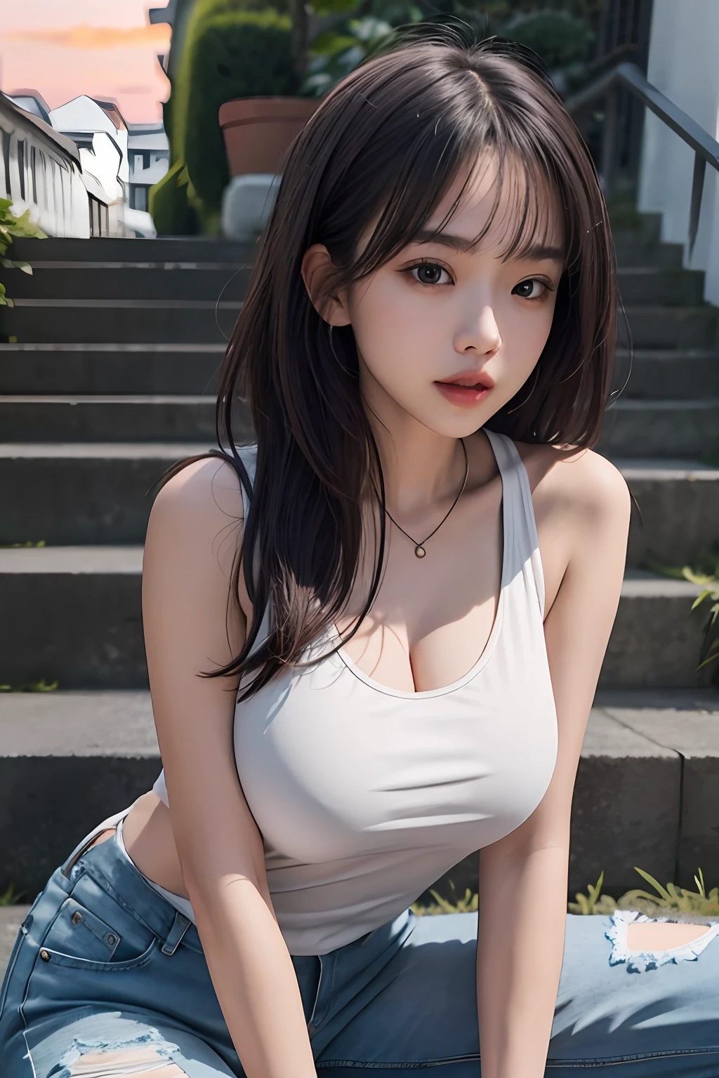 8K, Best Quality, real picture, Intricate details, Ultra-detailed, 超A high resolution, Depth Field,(Photorealistic,Realistic:1.2),masutepiece,white tank tops、Jeans shorts、sit on stairs、The background is a skyscraper district、Sunset between buildings、Seductive breasts、Seducting breasts、爆乳、Detailed eyebrows、A detailed eye、Detailed lips、Detailed mouth、Seductive thighs、The long-haired、disheveled hair、full body Esbian、From Side