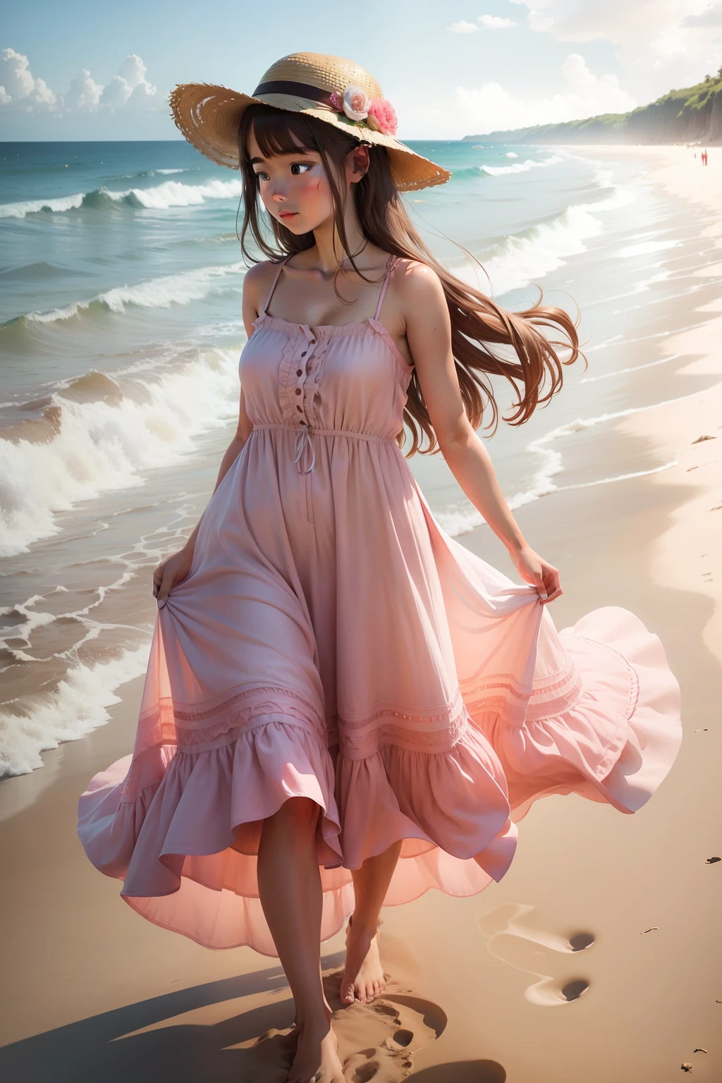 There is a woman in a dress standing on the beach, wearing flowing dress, girl with dress, wearing a flowing sundress, loli in dress, wearing a sundress, Wearing a pink dress, wearing a sundress, Full body:: Sunny weather::, wearing a long flowy fabric, sundress, wearing a sun dress, wearing long dresses