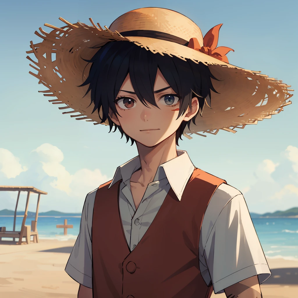 1boy,wanostyle,monkey d luffy,ssmile,Straw Hat Hat,looking at viewert,独奏,Upper body,((tmasterpiece)),(best qualtiy),(extremely detaile),depth of fields,sketching,Dark, intense shadows,Clear focus,gentlesoftlighting,hdr,rich colourful,Good composition,There is fire all around,spectacular,Closed shirt,Anime screen caps,Scars under the eyes,preparing to fight,black in color