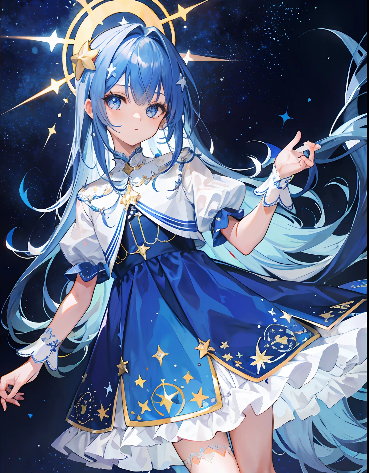 maga das estrelas, cabelo muito longo e liso de cor azul escuro, olhos dourados e brilhantes, vestido longo na cor preta e azul escuro com estrelas douradas.