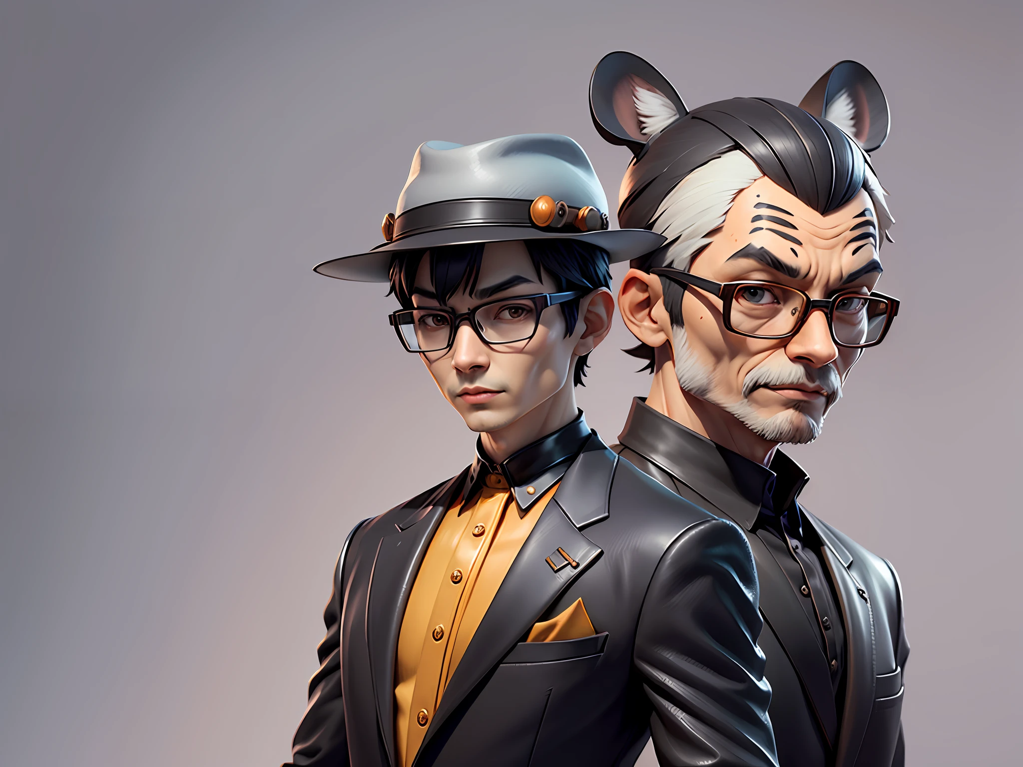 Young man with oriental face in leather hat, tiger, oriental face in formal suit, short black hair, silver glasses, digital painting, 3D character design by Mark Clairedon and Pixar and Hayao Miyazaki and Akira Toriyama, the illustration is a high-definition illustration in 4K resolution with very detailed facial features and cartoon-style visuals.