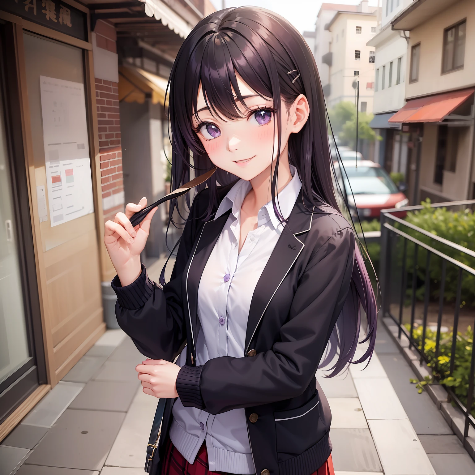 校服　cardigan　blazers　Loose Socks　１５Year old girl　a smile　beautiful a girl　a beauty girl　top-quality　​masterpiece　超A high resolution　Long　Purple hair