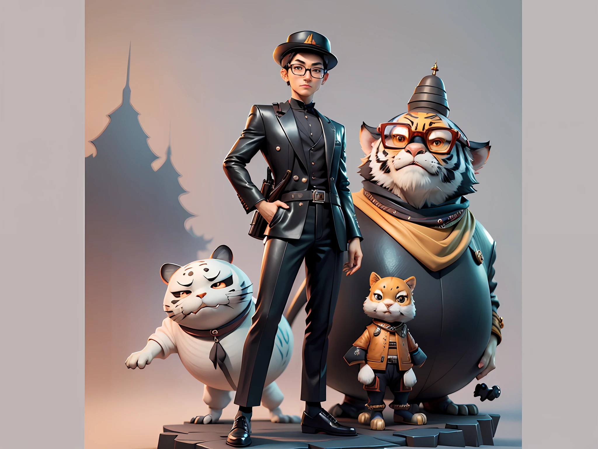 Young man with oriental face in leather hat, tiger, oriental face in formal suit, short black hair, silver glasses, digital painting, 3D character design by Mark Clairedon and Pixar and Hayao Miyazaki and Akira Toriyama, the illustration is a high-definition illustration in 4K resolution with very detailed facial features and cartoon-style visuals.