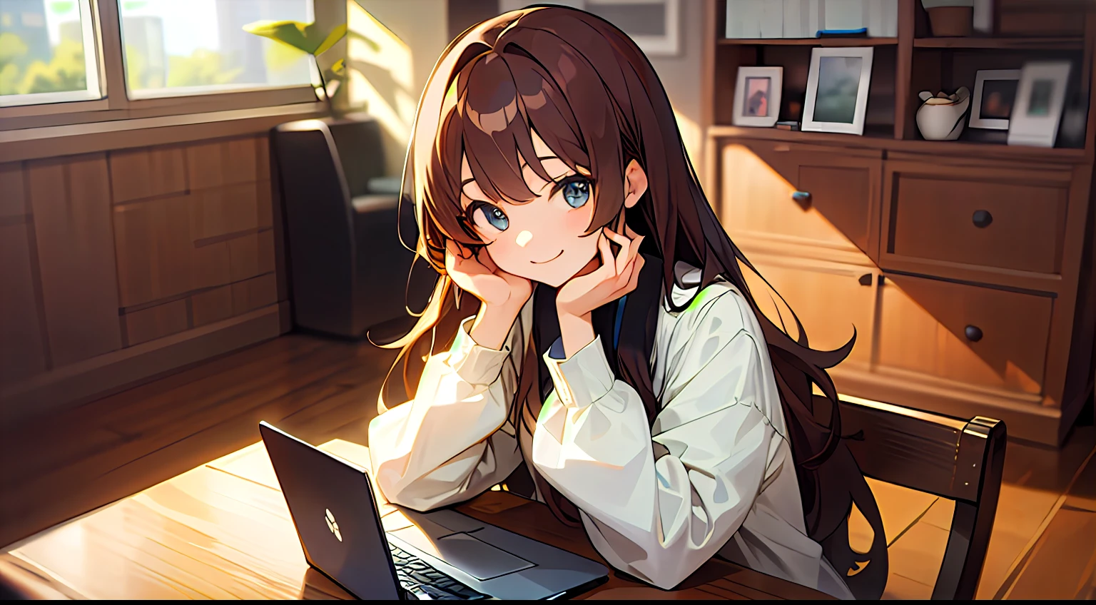 early evening、Indoor Coffee Stylish、Adult woman in anime using laptop((Using a laptop on the table))、25-years old、Upper body, mid-shot, femele, Detailed eyes, ((Beautiful woman using laptop)), ,Semi-long hair, Brown hair, Bangs,Everyday clothes、Clothes without a collar、Fashionable、Long sleeves,、frontage、 Smiling smile、