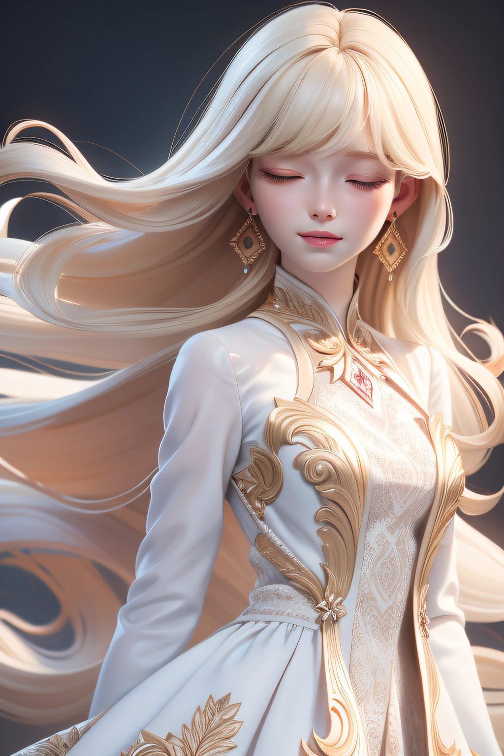 masterpiece, best quality, 1girl, closed eyes, pale skin, light blonde hair, straight hair, medium hair, long bangs over the eye, earrings, delicate dress, simple background, solo, upper body