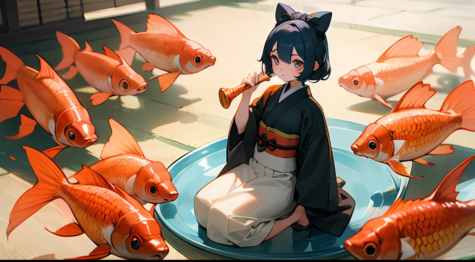 Photo, The girls、japanse, Clothing product samples, Girl scooping goldfish, colored contacts in her eyes, Full body , In summer