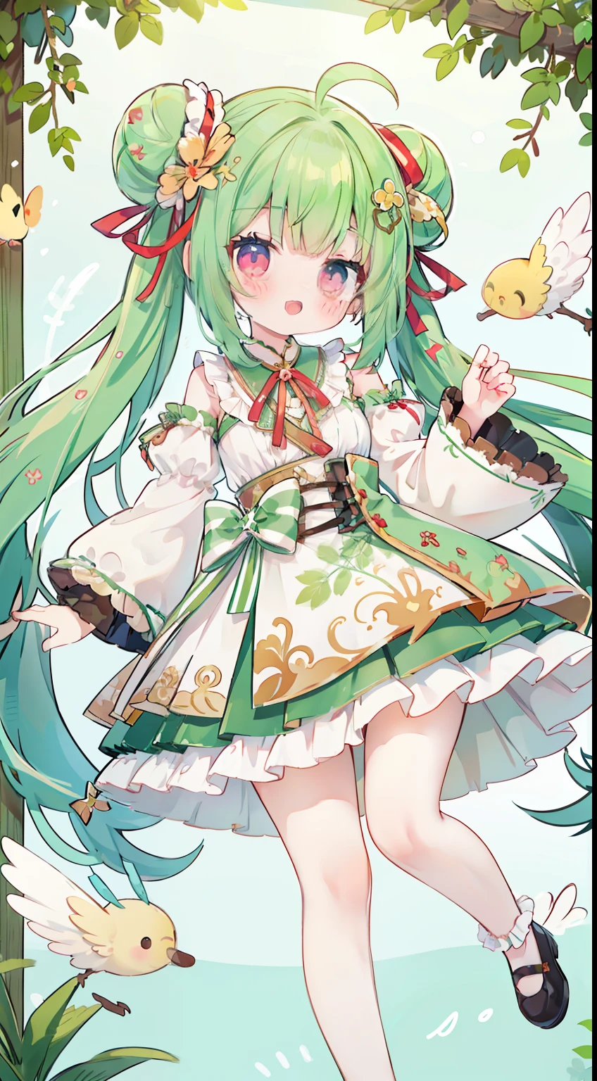 Standing Picture、full bodyesbian、One Girl、cute little、masterpiece、Top image quality、top-quality、Green hair、Bun hair、Twin-tailed、onepiece、frilld、Red ribbons、Green ribbon on the back、the woods、Forest feathers、idol、Pink eyes