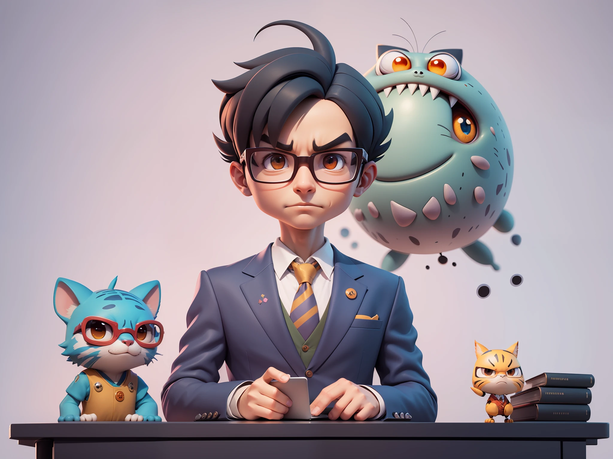 A young man in a suit, Short hair and glasses sat at his desk,holding laptop,digitial painting,tigre,3D character design by Mark Clairen and Pixar and Hayao Miyazaki and Akira Toriyama,4K HD illustration,Very detailed facial features and cartoon-style visuals。