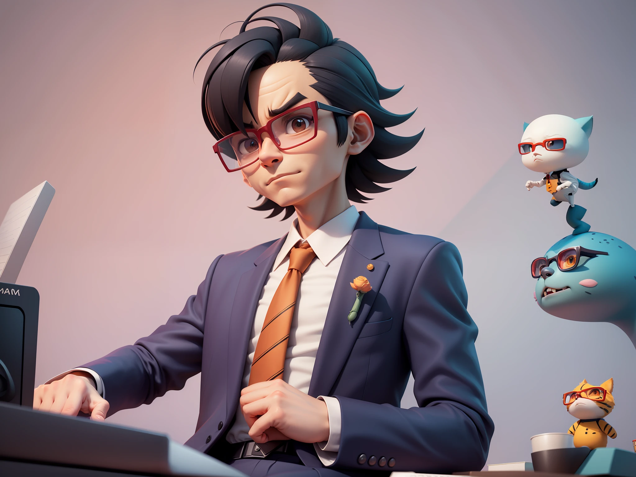 A young man in a suit, Short hair and glasses sat at his desk，holding laptop，digitial painting，tigre，3D character design by Mark Clairen and Pixar and Hayao Miyazaki and Akira Toriyama，4K HD illustration，Very detailed facial features and cartoon-style visuals。