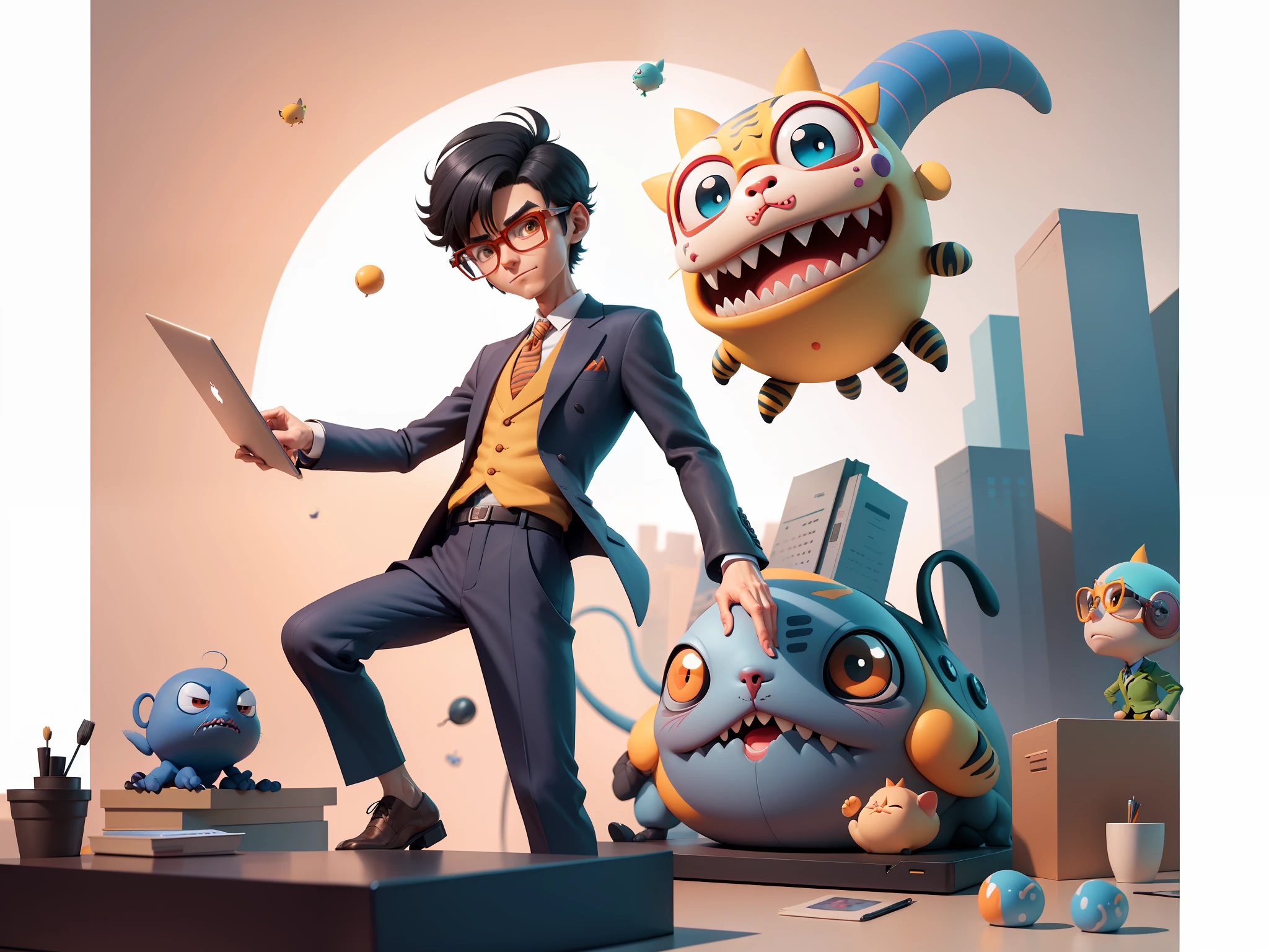 A young man in a suit, Short hair and glasses sat at his desk，holding laptop，digitial painting，tigre，3D character design by Mark Clairen and Pixar and Hayao Miyazaki and Akira Toriyama，4K HD illustration，Very detailed facial features and cartoon-style visuals。