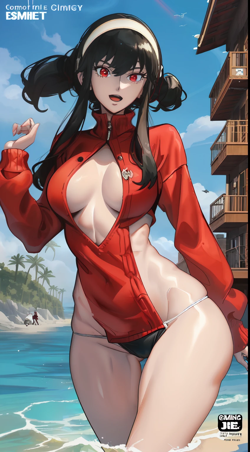 Jörfog,Spy × family role,Red pupils,Black hair,White headband,having fun,Fleshy thighs,Red convertible sweater,Simetall,Chest open,Full muscles,Tall,Ocean park,Simetall,Comic cover style,Comic cover title
