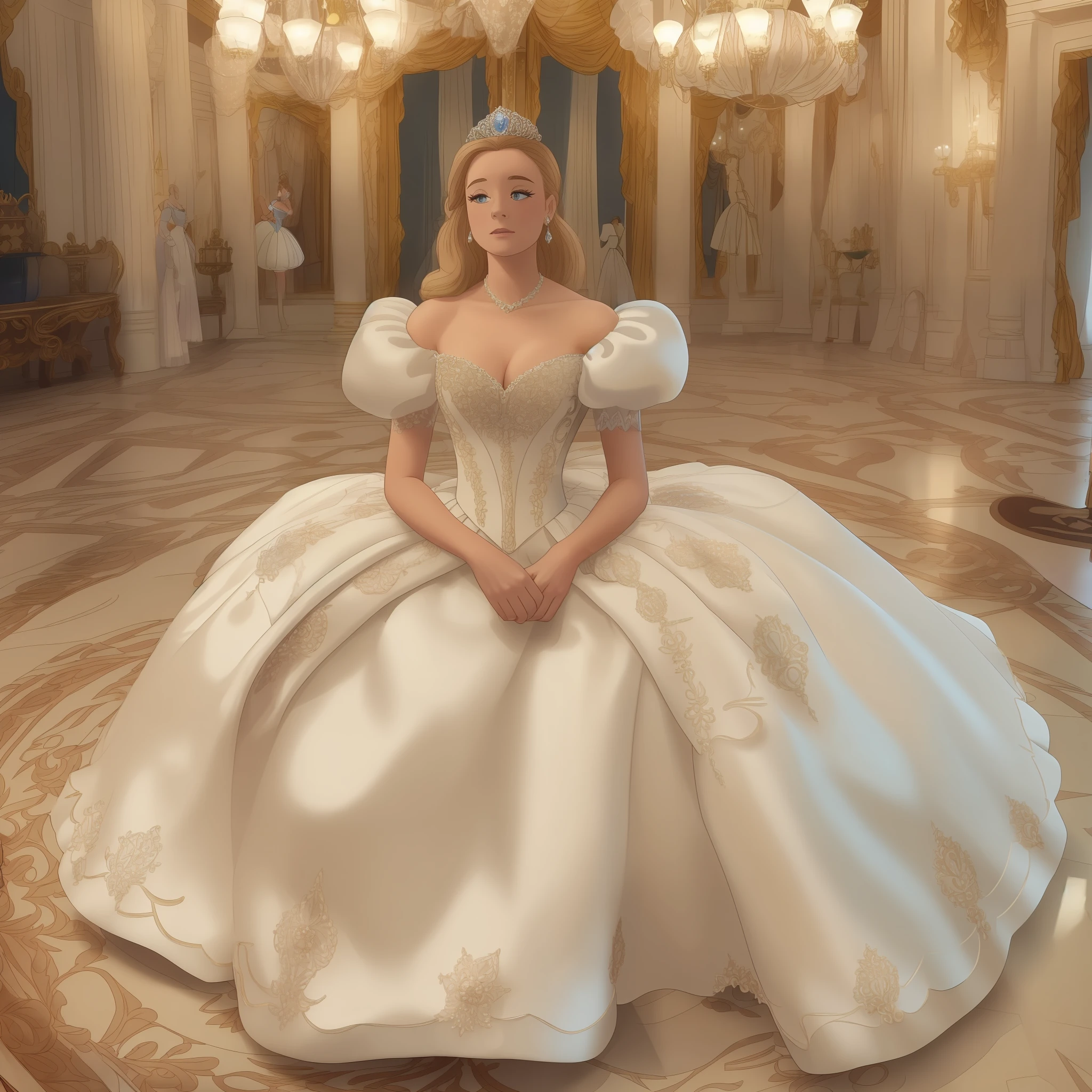 Frustrated Princess Greer Grammer standing in the middle of a room wearing a Stately and Elaborate Cinderella Ballgown of white satin adorned with bows, embroidery and jewels, with (((Enormous Puffed Sleeves))), an hourglass waist, and a (((huge crinoline hoopskirt)))