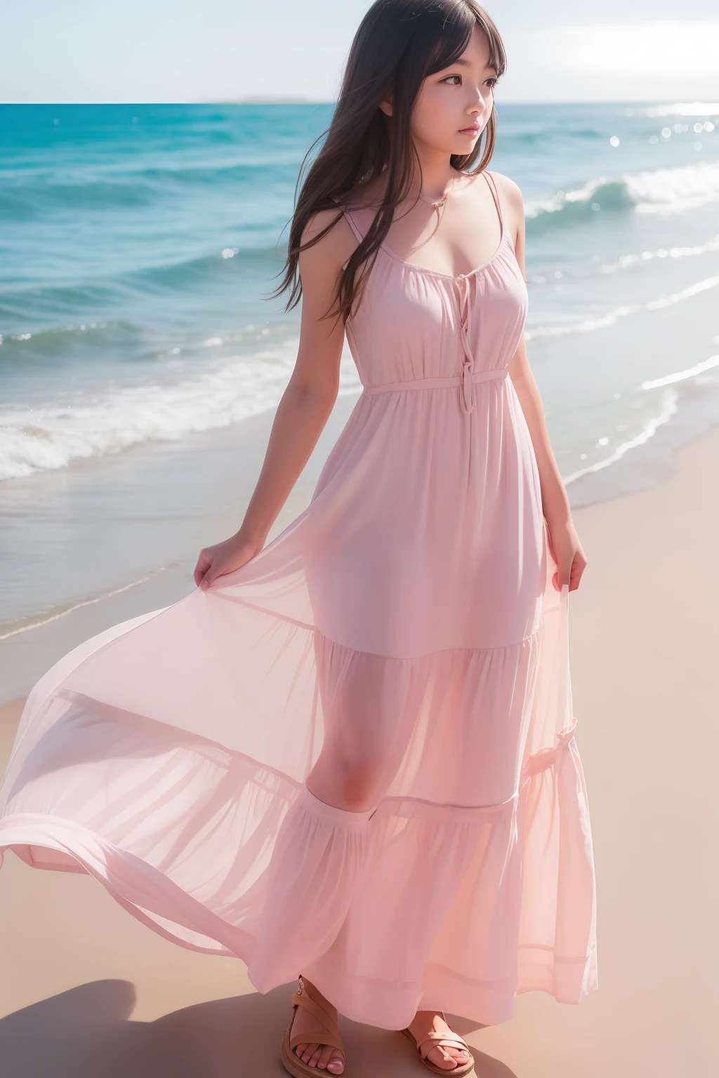 There is a woman in a dress standing on the beach, wearing flowing dress, girl with dress, wearing a flowing sundress, loli in dress, wearing a sundress, Wearing a pink dress, wearing a sundress, Full body:: Sunny weather::, wearing a long flowy fabric, sundress, wearing a sun dress, wearing long dresses