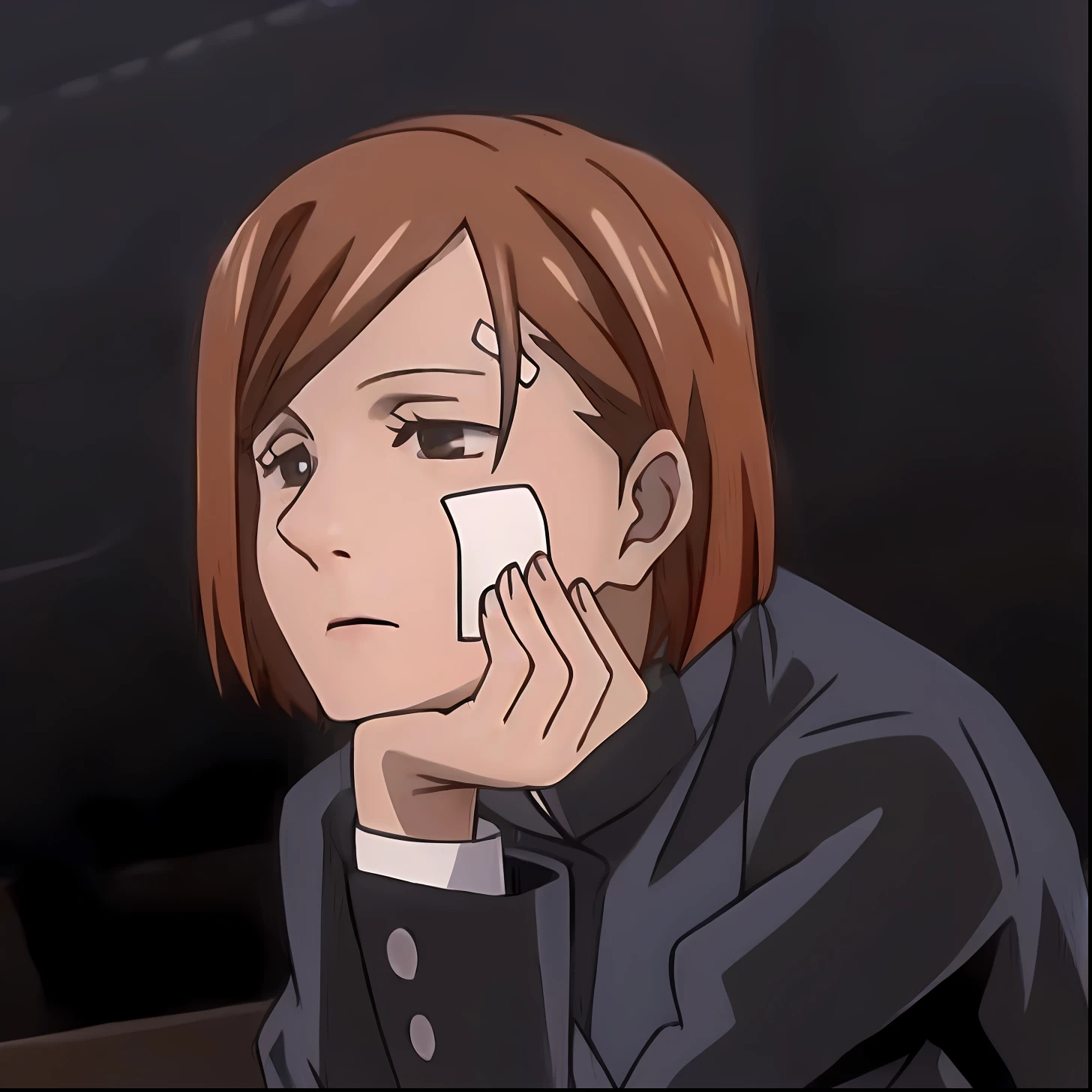 a close up of a person holding a cell phone to their ear, boromir in an anime world, boromir in an 80\'s anime world, in the anime film, slightly happy facial expression, with a sad expression, ( ( ( yoshinari yoh ) ) ), last exile anime, crying! android! woman, in an anime